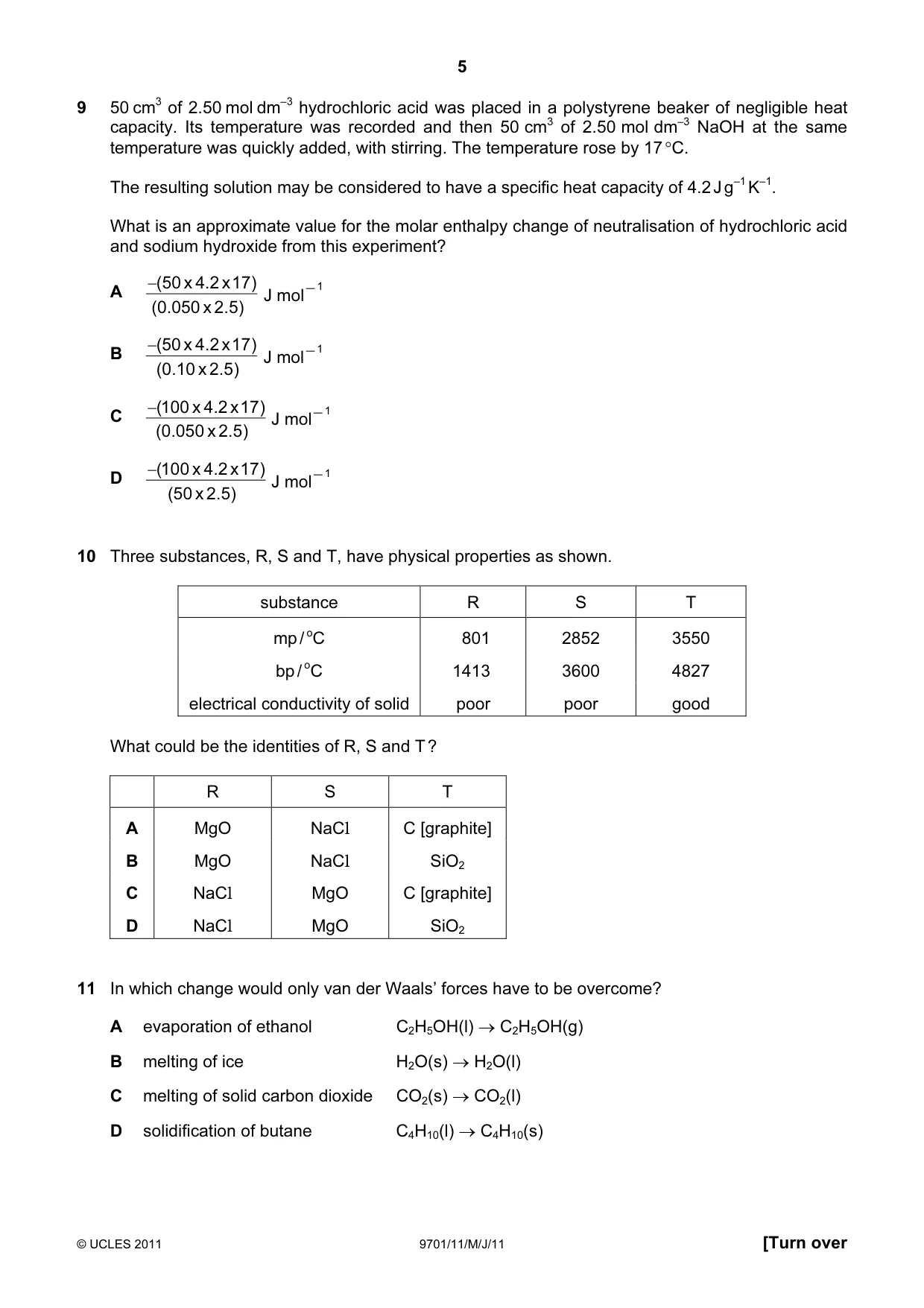 Cambridge A Level Chemistry 9701 2011 May/June Paper 1 · Variant 1 question paper, page 5 of 16