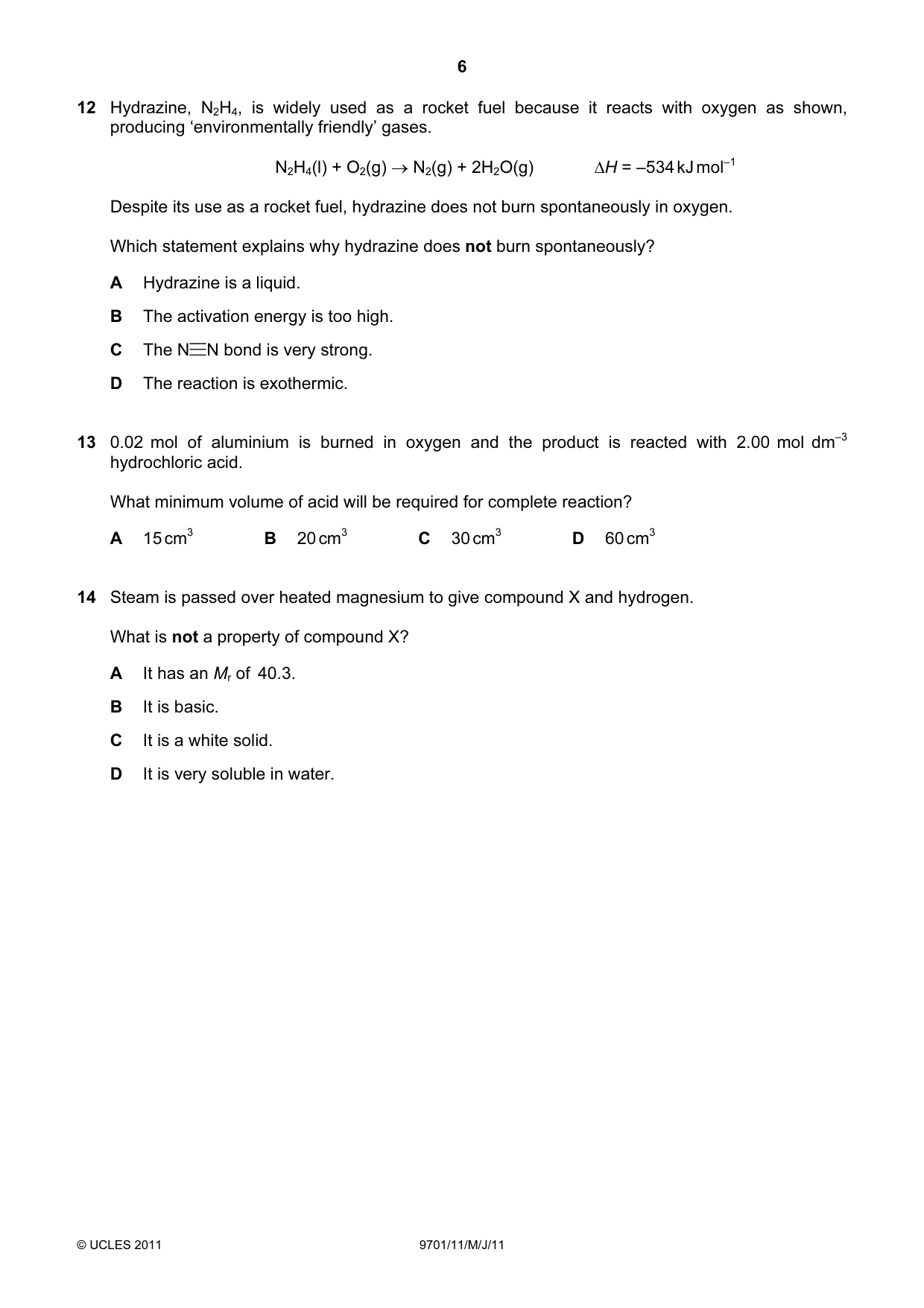 Cambridge A Level Chemistry 9701 2011 May/June Paper 1 · Variant 1 question paper, page 6 of 16