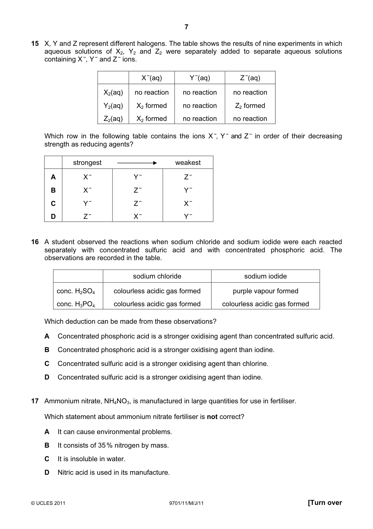 Cambridge A Level Chemistry 9701 2011 May/June Paper 1 · Variant 1 question paper, page 7 of 16