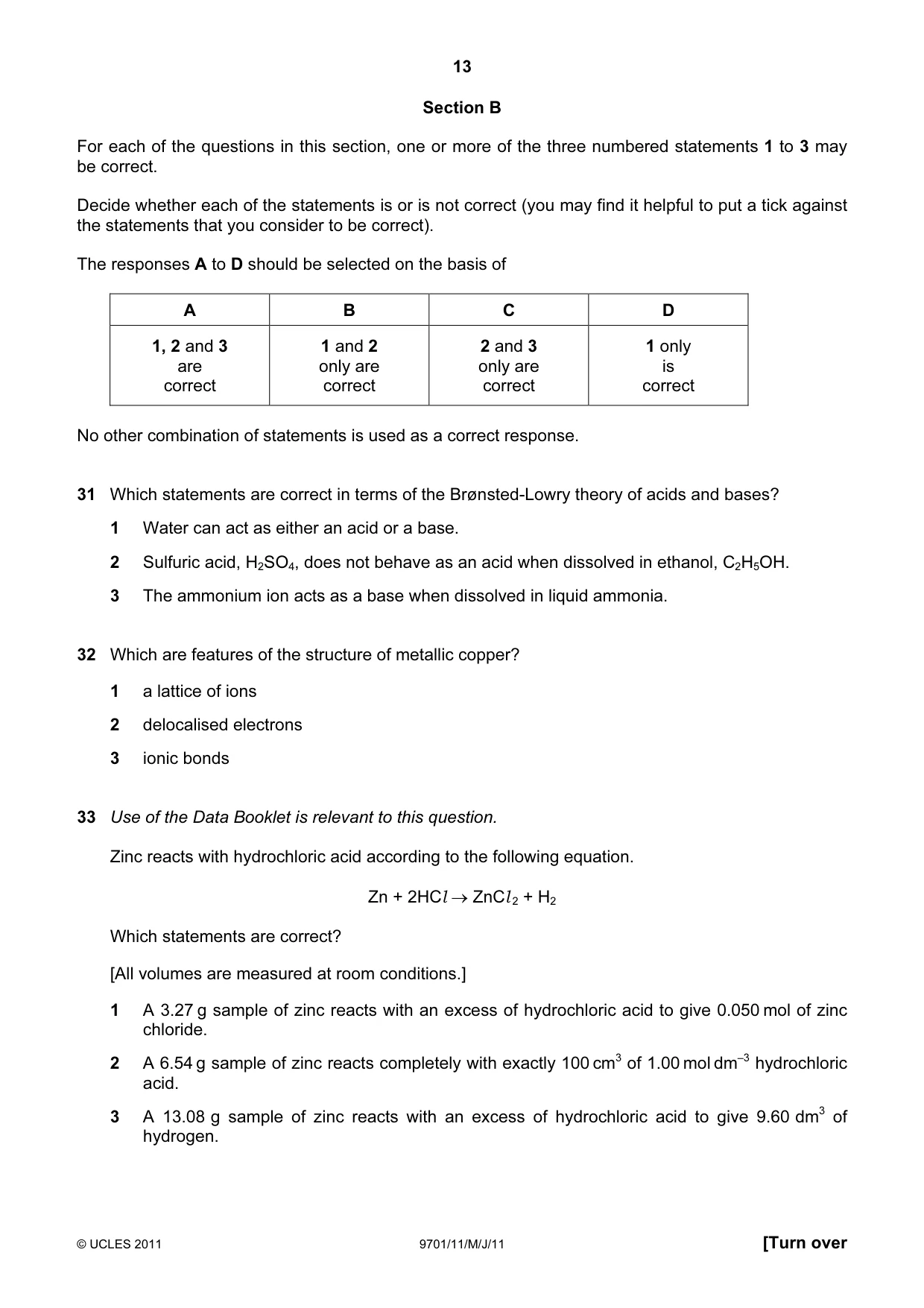 Cambridge A Level Chemistry 9701 2011 May/June Paper 1 · Variant 1 question paper, page 13 of 16