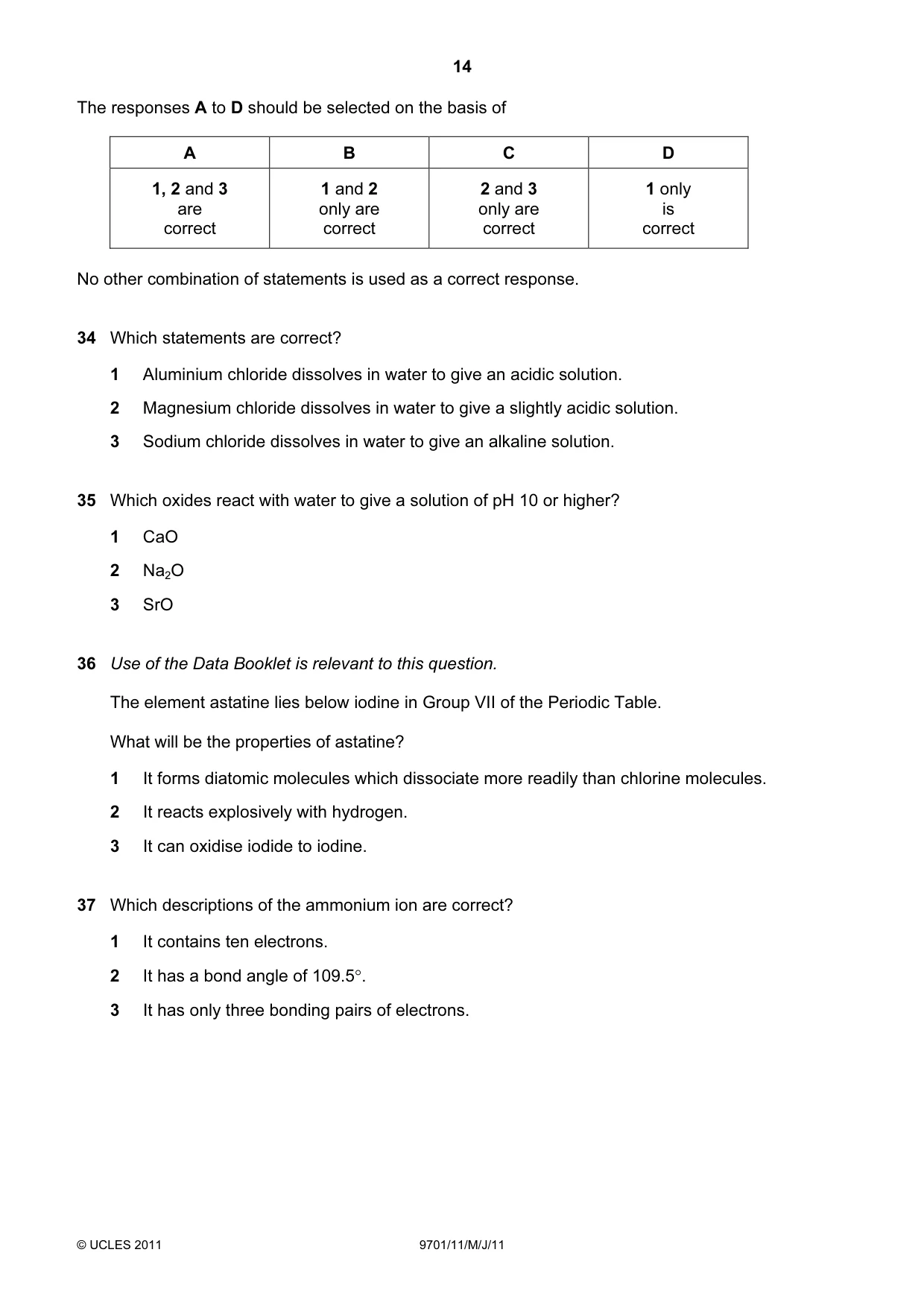Cambridge A Level Chemistry 9701 2011 May/June Paper 1 · Variant 1 question paper, page 14 of 16