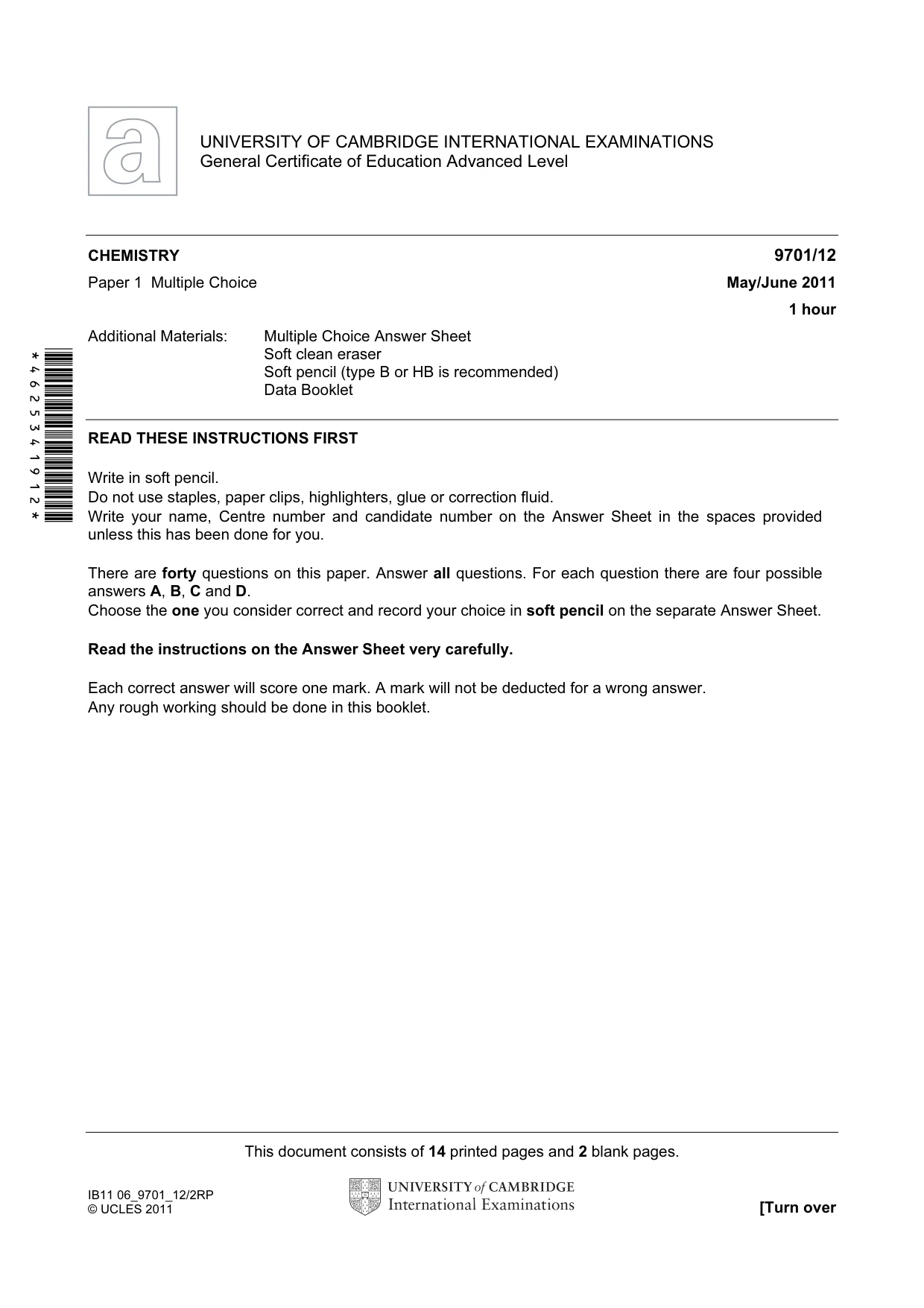Cambridge A Level Chemistry 9701 2011 May/June Paper 1 · Variant 2 question paper, page 1 of 16
