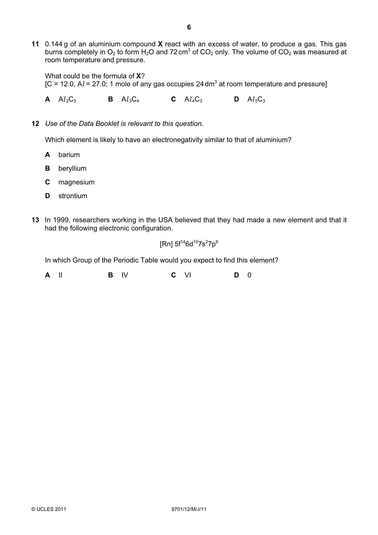 Cambridge A Level Chemistry 9701 2011 May/June Paper 1 · Variant 2 question paper, page 6 of 16