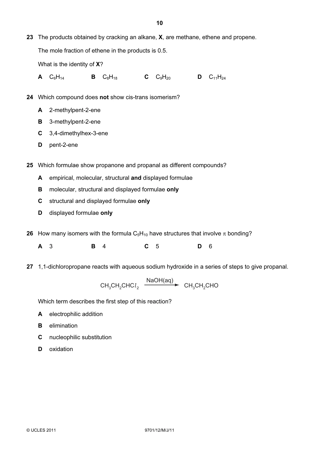 Cambridge A Level Chemistry 9701 2011 May/June Paper 1 · Variant 2 question paper, page 10 of 16