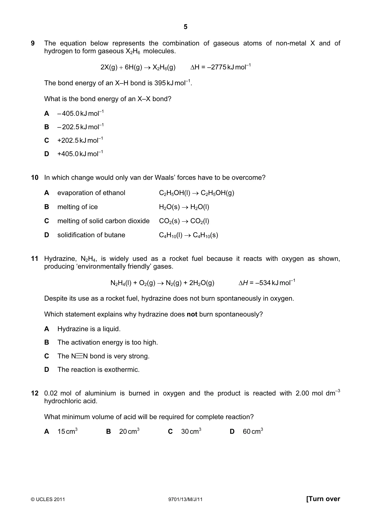 Cambridge A Level Chemistry 9701 2011 May/June Paper 1 · Variant 3 question paper, page 5 of 16