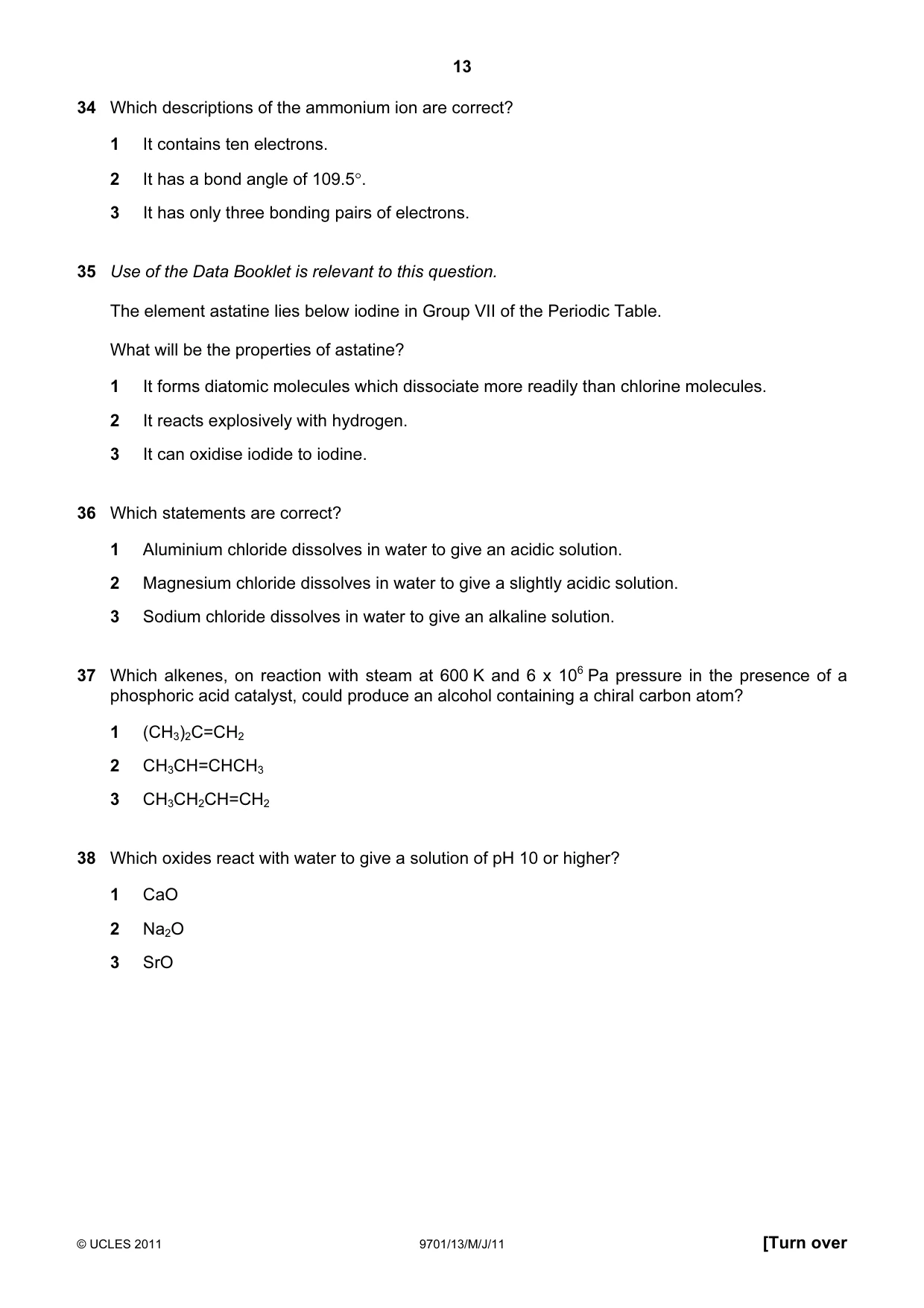 Cambridge A Level Chemistry 9701 2011 May/June Paper 1 · Variant 3 question paper, page 13 of 16