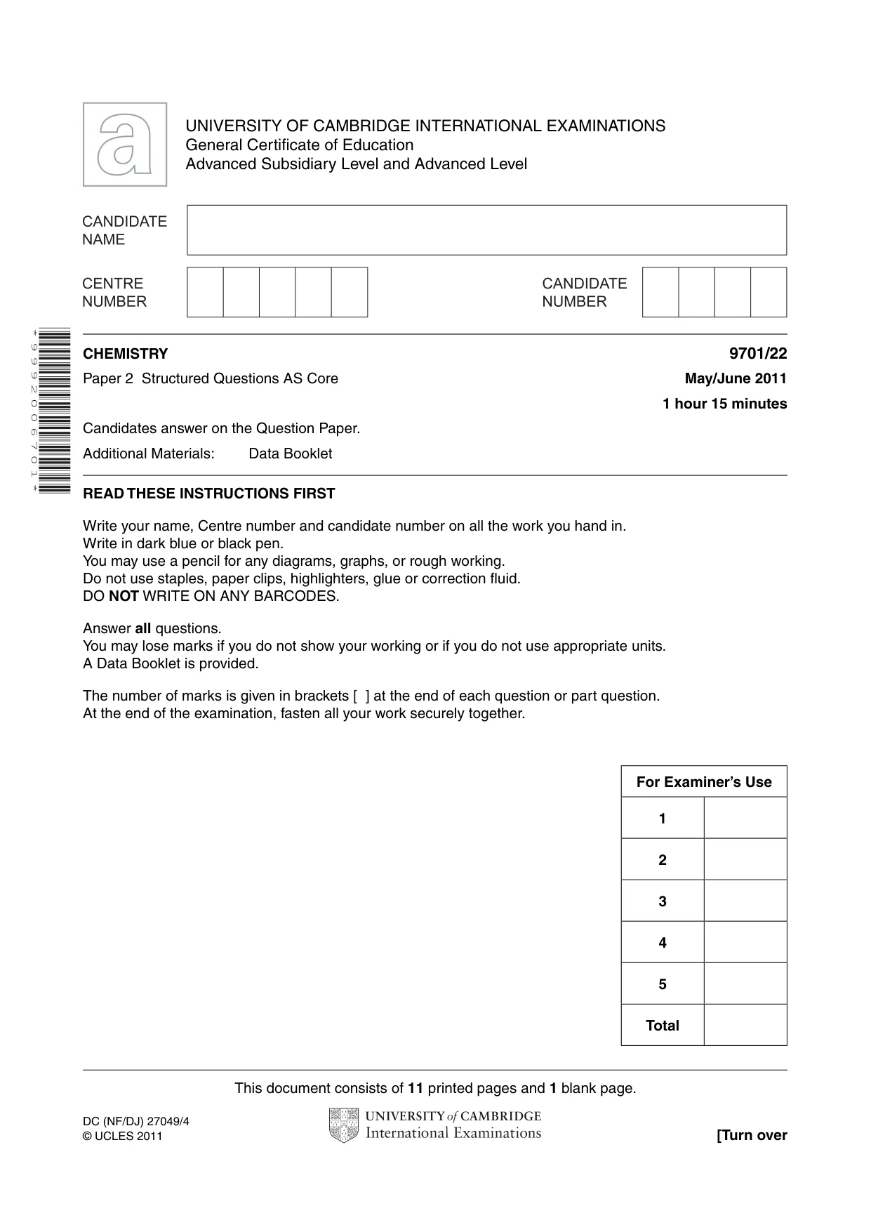 Cambridge A Level Chemistry 9701 2011 May/June Paper 2 · Variant 2 question paper, page 1 of 12