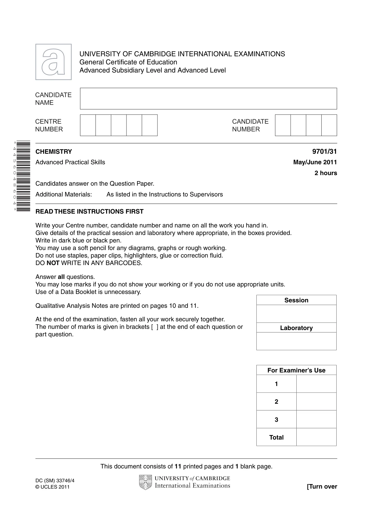 Cambridge A Level Chemistry 9701 2011 May/June Paper 3 · Variant 1 question paper, page 1 of 12