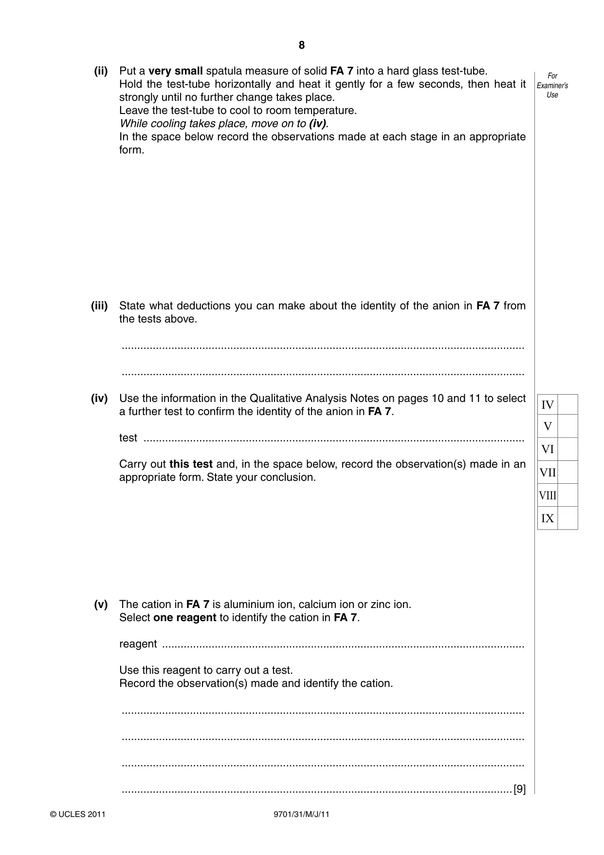 Cambridge A Level Chemistry 9701 2011 May/June Paper 3 · Variant 1 question paper, page 8 of 12