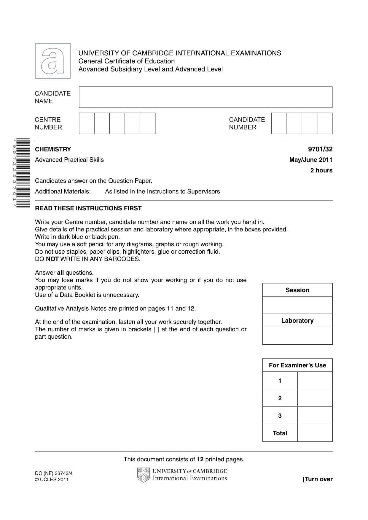 Cambridge A Level Chemistry 9701 2011 May/June Paper 3 · Variant 2 question paper, page 1 of 12