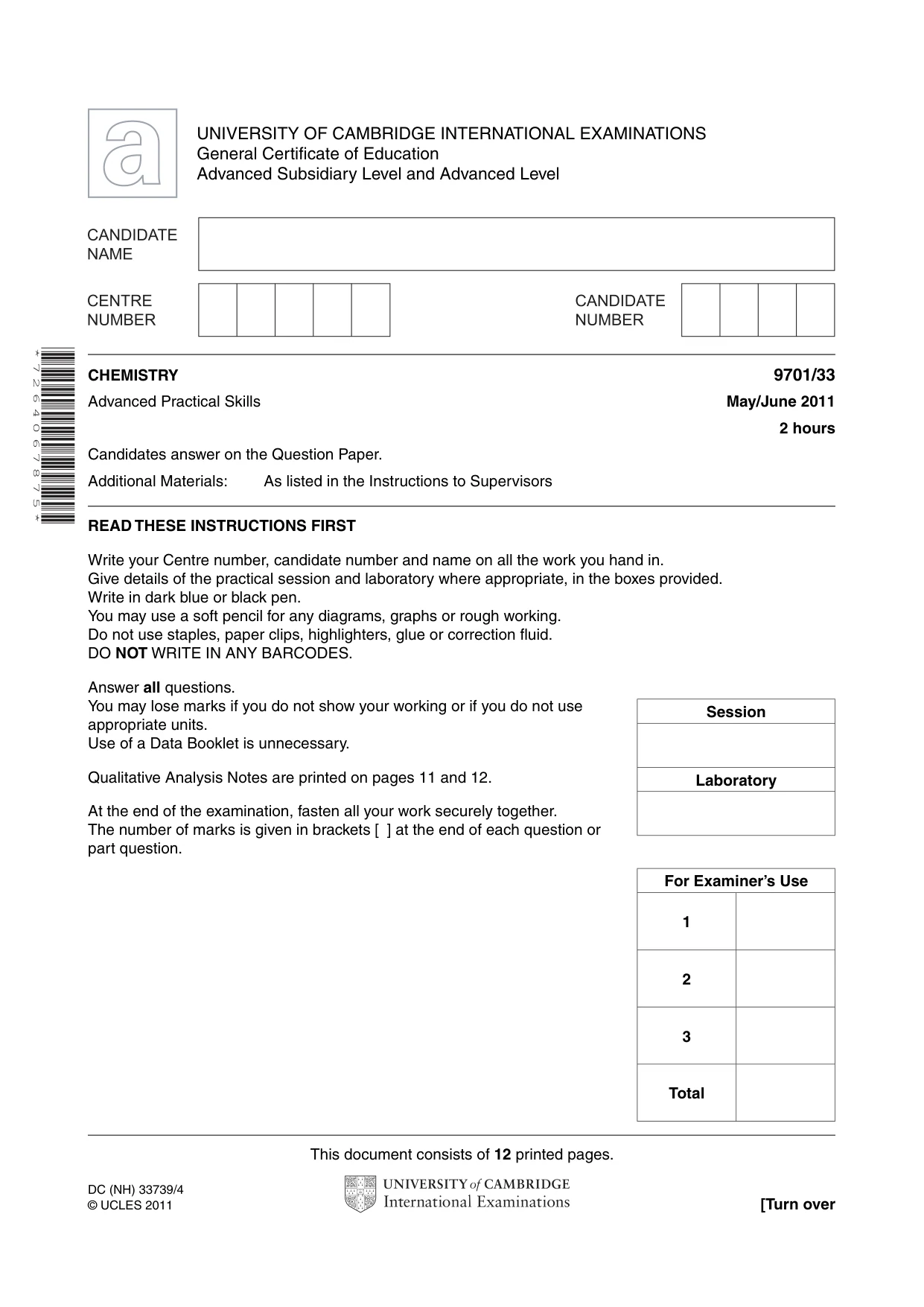 Cambridge A Level Chemistry 9701 2011 May/June Paper 3 · Variant 3 question paper, page 1 of 12