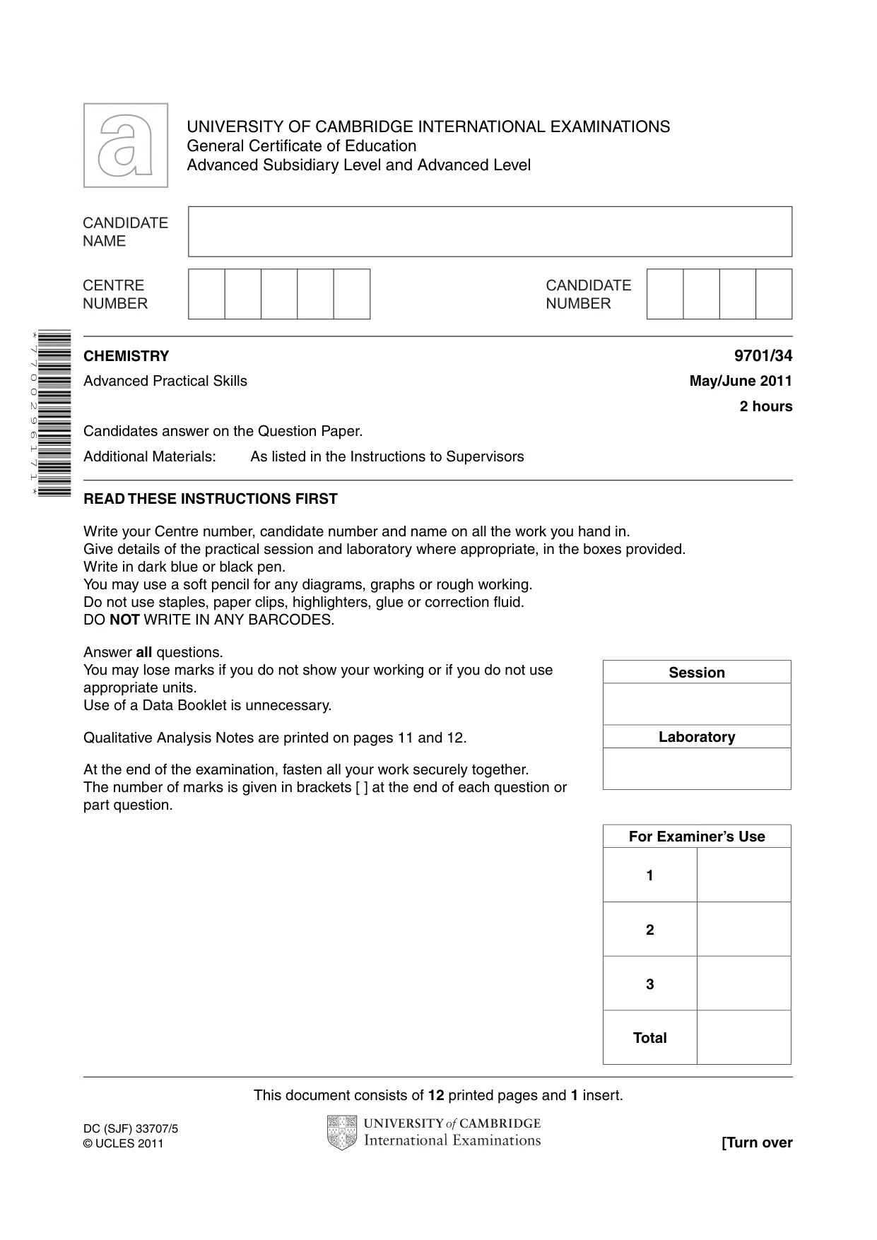 Cambridge A Level Chemistry 9701 2011 May/June Paper 3 · Variant 4 question paper, page 1 of 12