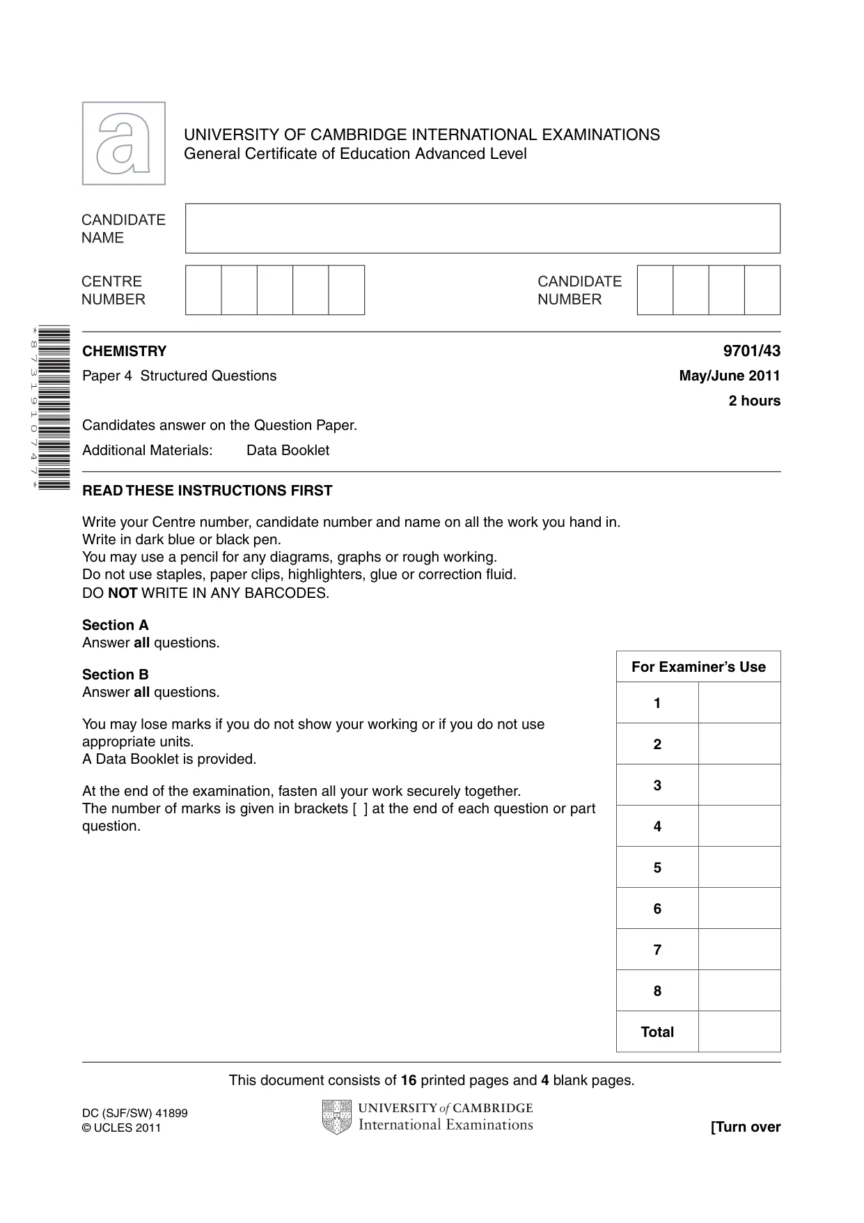 Cambridge A Level Chemistry 9701 2011 May/June Paper 4 · Variant 3 question paper, page 1 of 20