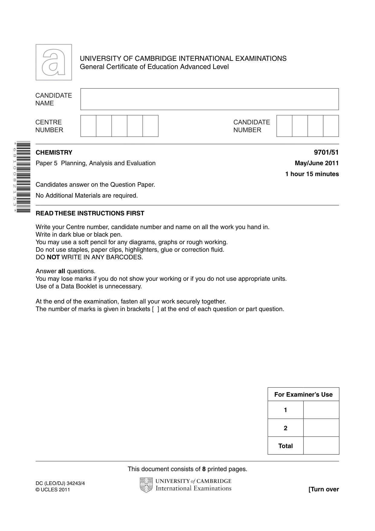 Cambridge A Level Chemistry 9701 2011 May/June Paper 5 · Variant 1 question paper, page 1 of 8