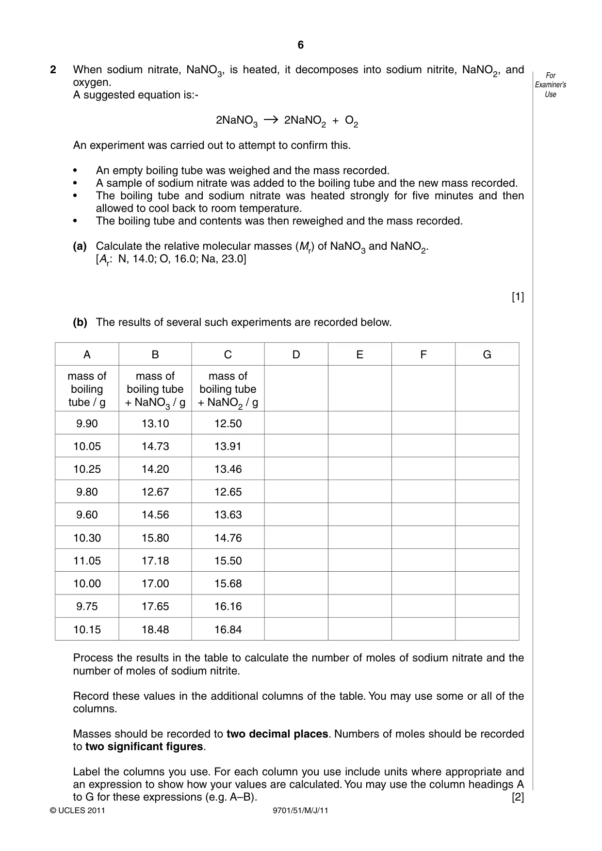 Cambridge A Level Chemistry 9701 2011 May/June Paper 5 · Variant 1 question paper, page 6 of 8