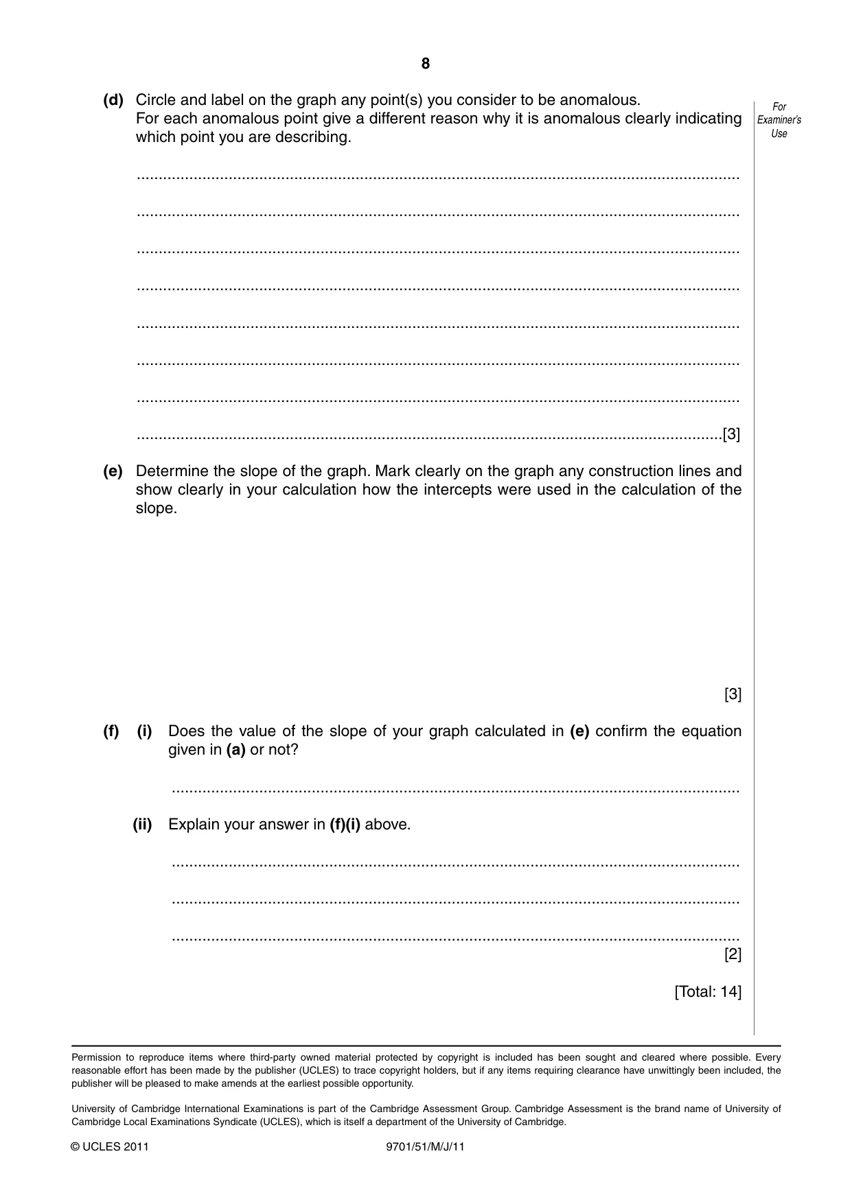 Cambridge A Level Chemistry 9701 2011 May/June Paper 5 · Variant 1 question paper, page 8 of 8