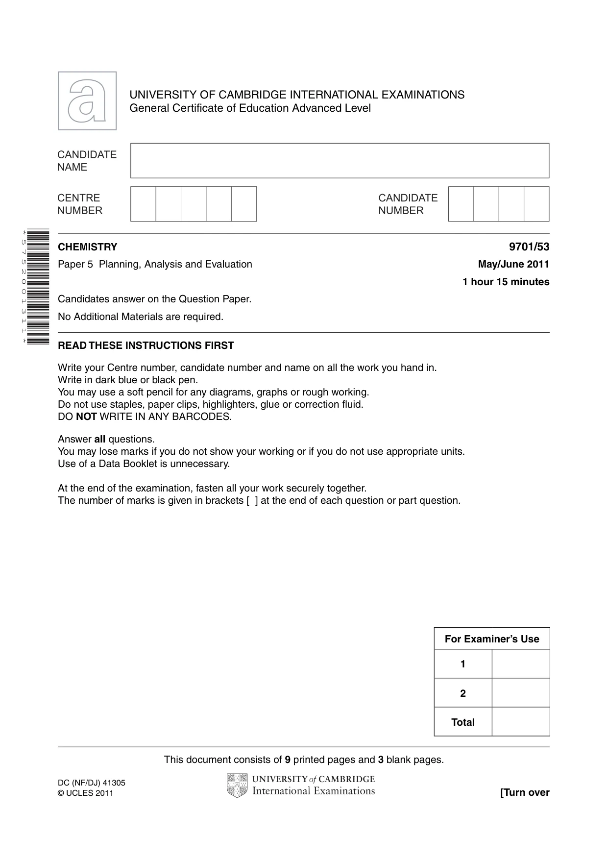 Cambridge A Level Chemistry 9701 2011 May/June Paper 5 · Variant 3 question paper, page 1 of 12