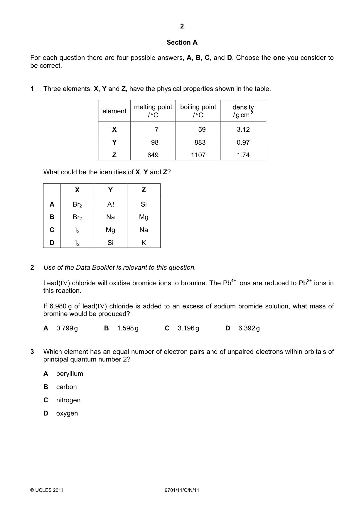 Cambridge A Level Chemistry 9701 2011 Oct/Nov Paper 1 · Variant 1 question paper, page 2 of 16