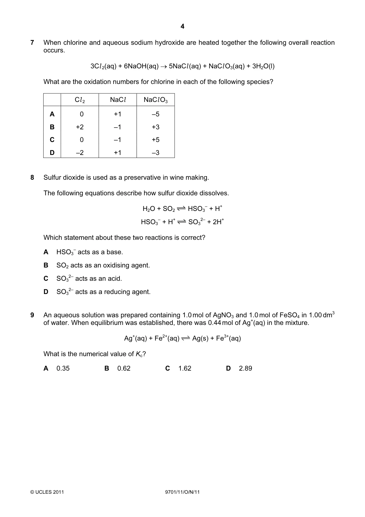 Cambridge A Level Chemistry 9701 2011 Oct/Nov Paper 1 · Variant 1 question paper, page 4 of 16