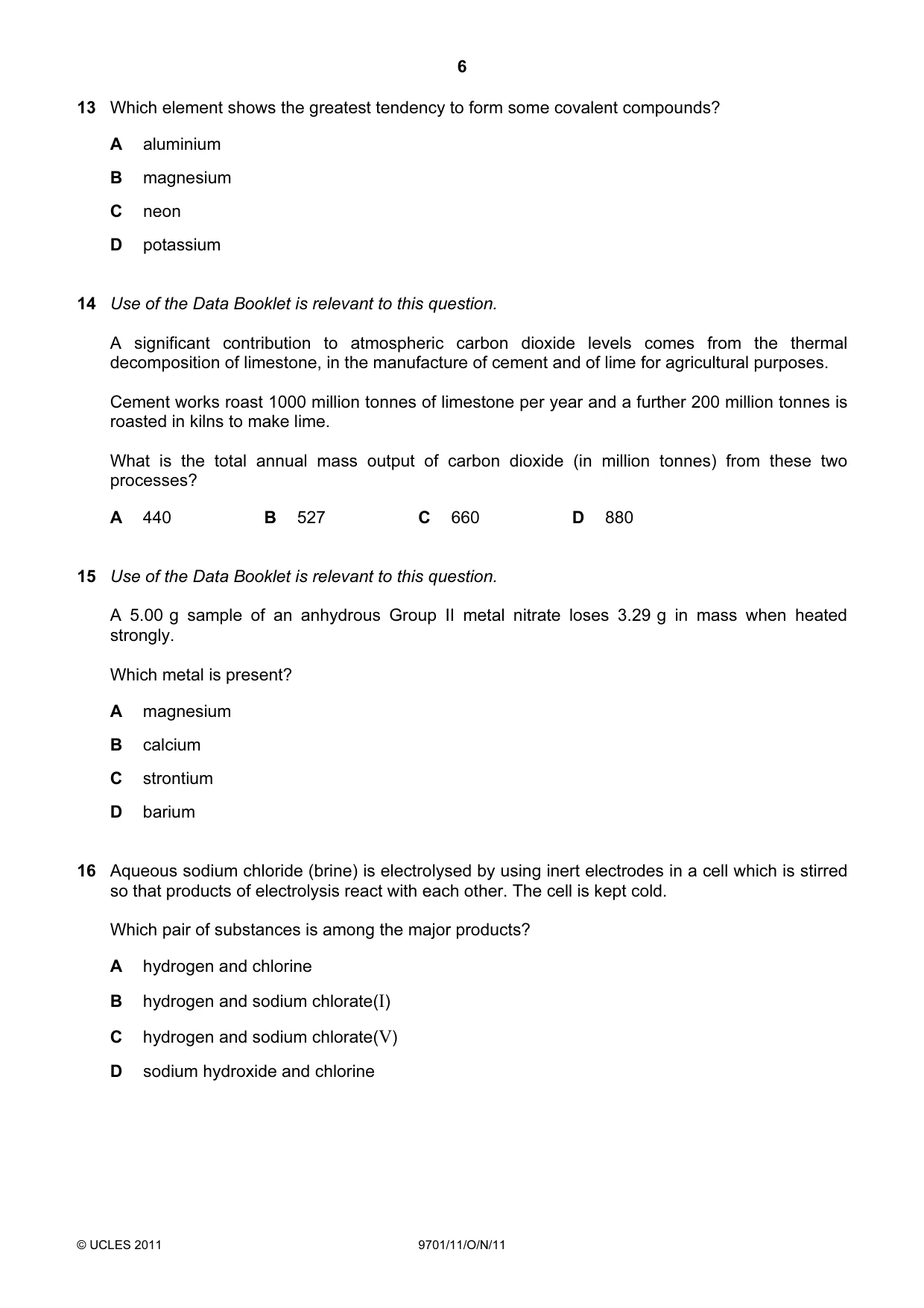 Cambridge A Level Chemistry 9701 2011 Oct/Nov Paper 1 · Variant 1 question paper, page 6 of 16