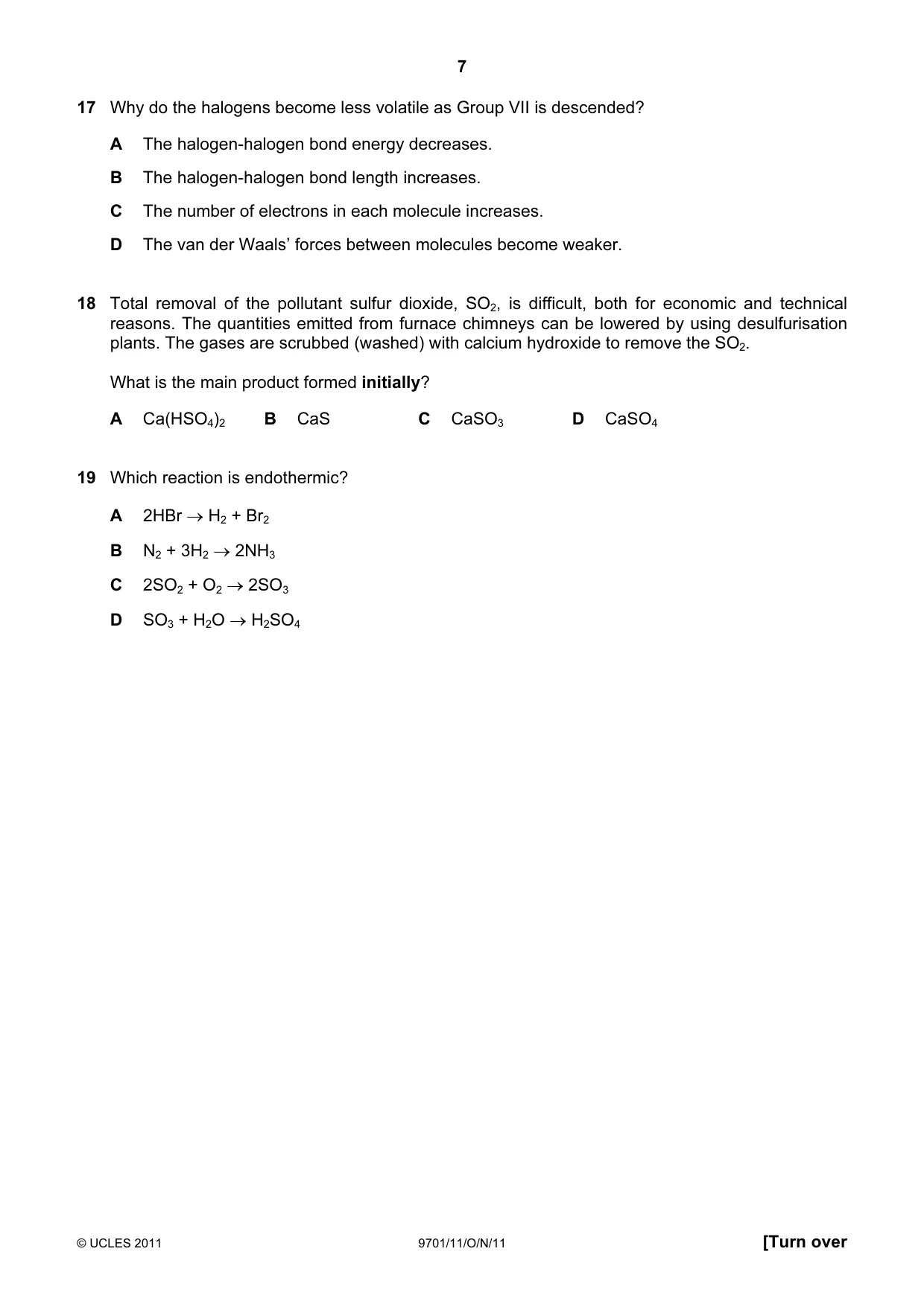 Cambridge A Level Chemistry 9701 2011 Oct/Nov Paper 1 · Variant 1 question paper, page 7 of 16