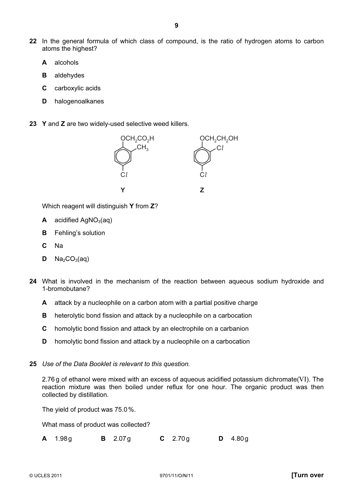 Cambridge A Level Chemistry 9701 2011 Oct/Nov Paper 1 · Variant 1 question paper, page 9 of 16