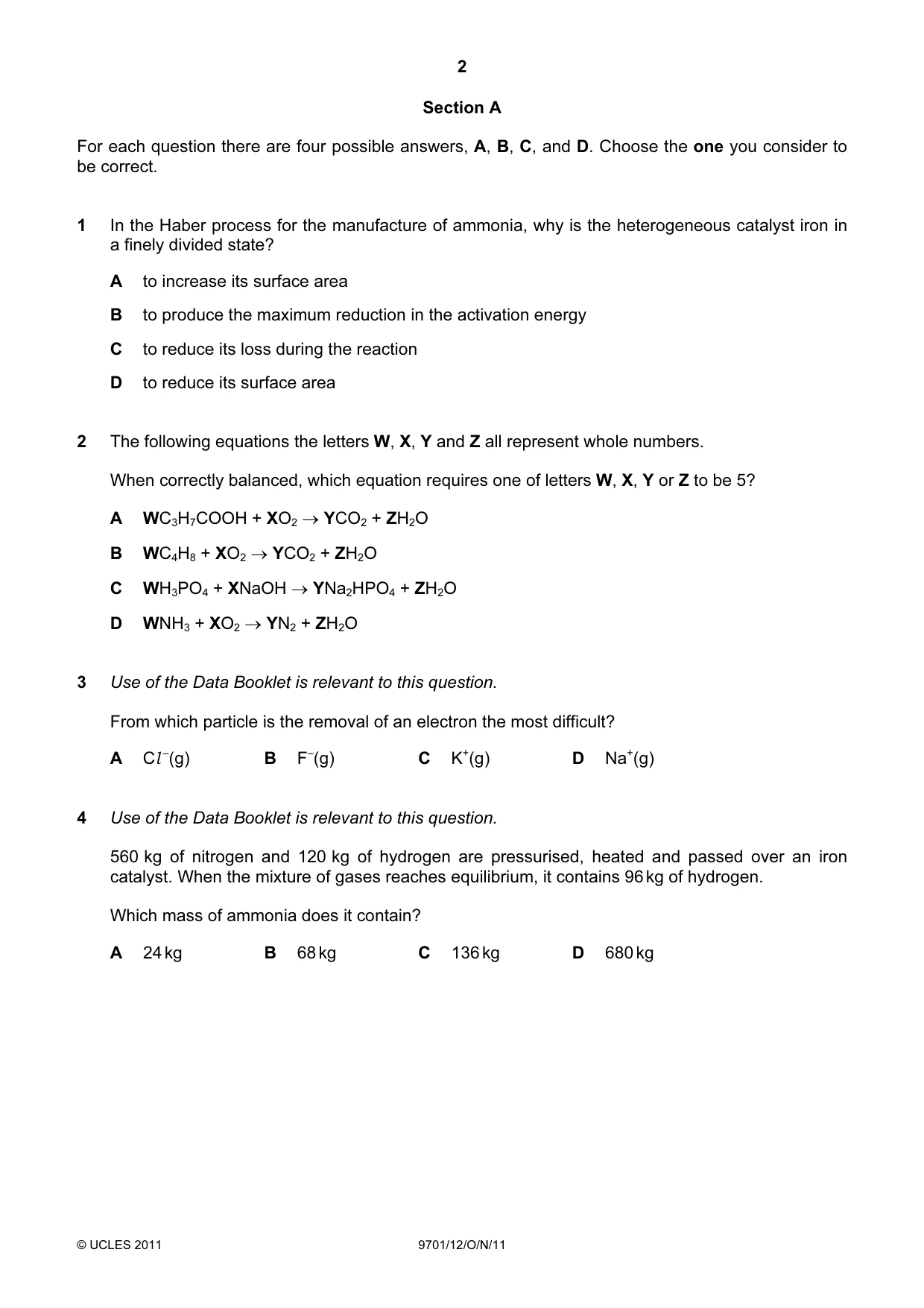 Cambridge A Level Chemistry 9701 2011 Oct/Nov Paper 1 · Variant 2 question paper, page 2 of 16