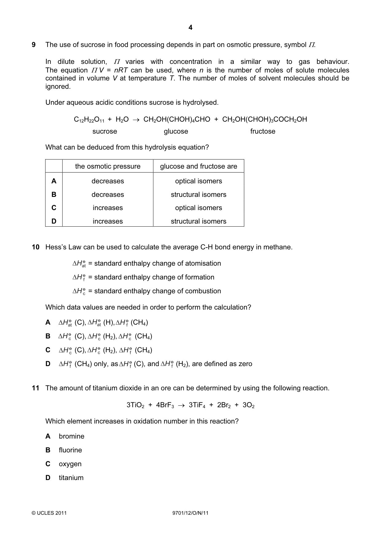 Cambridge A Level Chemistry 9701 2011 Oct/Nov Paper 1 · Variant 2 question paper, page 4 of 16