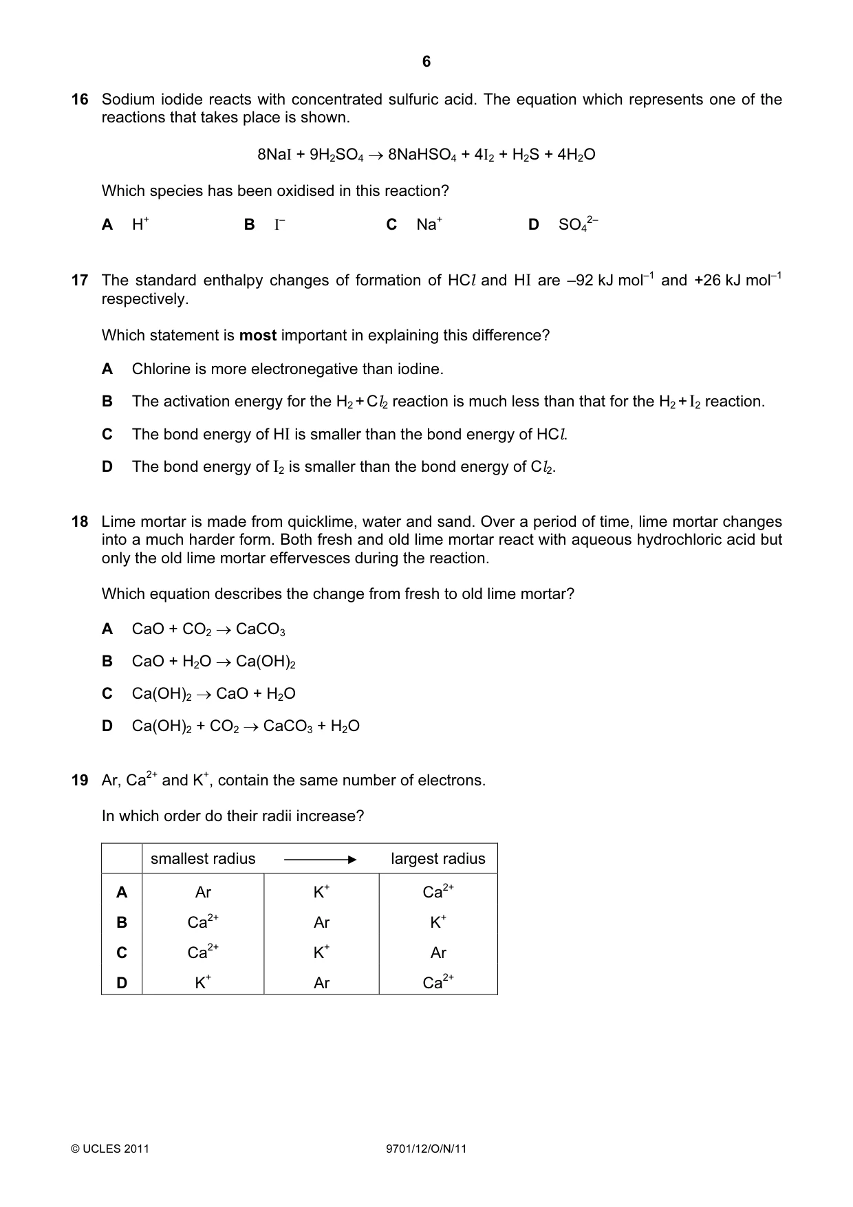 Cambridge A Level Chemistry 9701 2011 Oct/Nov Paper 1 · Variant 2 question paper, page 6 of 16