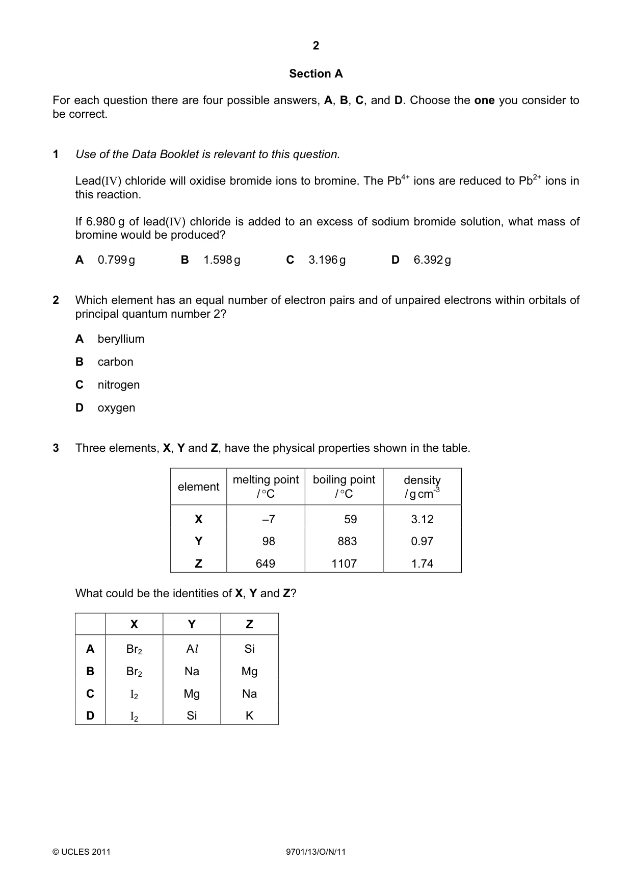 Cambridge A Level Chemistry 9701 2011 Oct/Nov Paper 1 · Variant 3 question paper, page 2 of 16