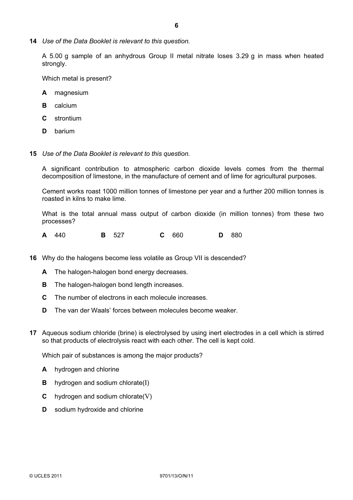 Cambridge A Level Chemistry 9701 2011 Oct/Nov Paper 1 · Variant 3 question paper, page 6 of 16