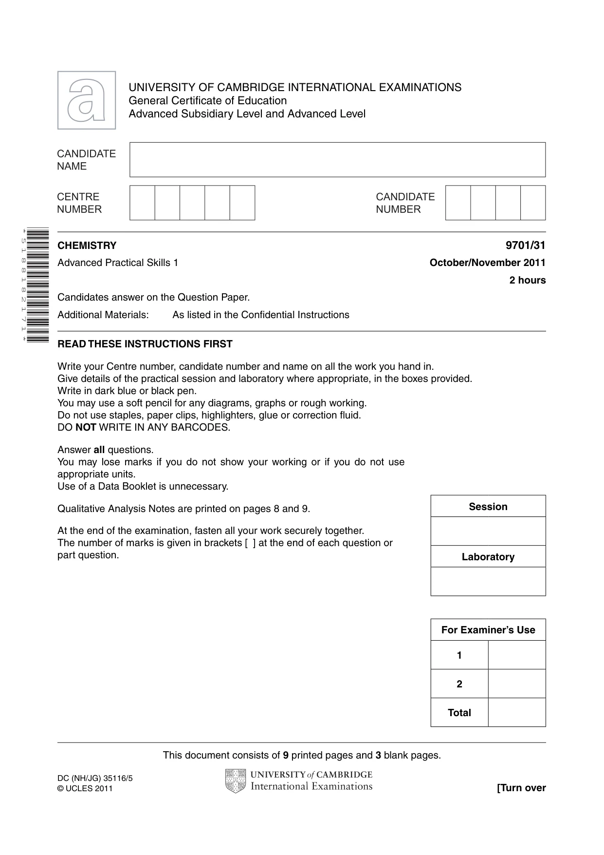 Cambridge A Level Chemistry 9701 2011 Oct/Nov Paper 3 · Variant 1 question paper, page 1 of 12