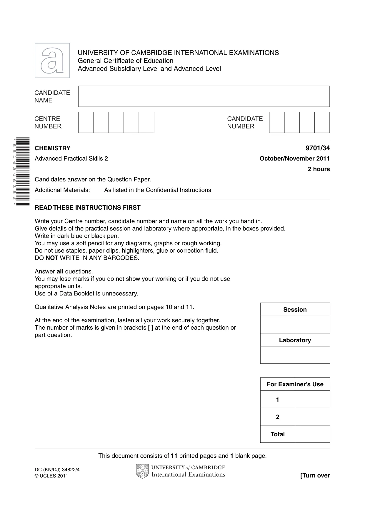 Cambridge A Level Chemistry 9701 2011 Oct/Nov Paper 3 · Variant 4 question paper, page 1 of 12