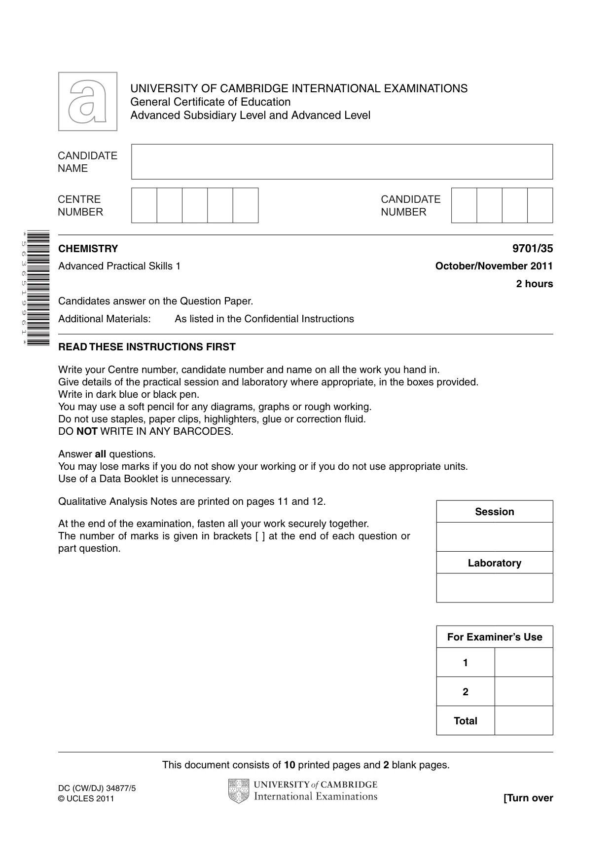 Cambridge A Level Chemistry 9701 2011 Oct/Nov Paper 3 · Variant 5 question paper, page 1 of 12