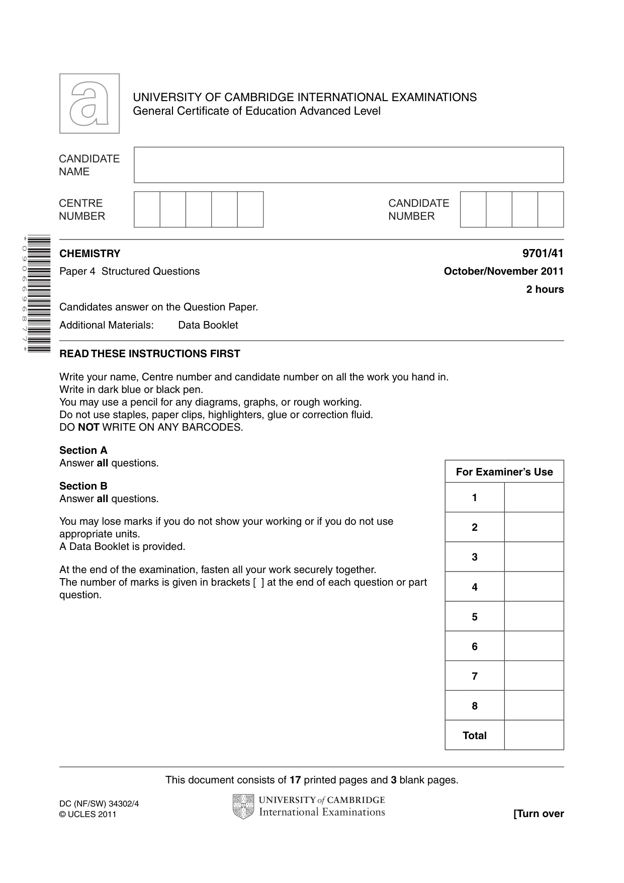 Cambridge A Level Chemistry 9701 2011 Oct/Nov Paper 4 · Variant 1 question paper, page 1 of 20