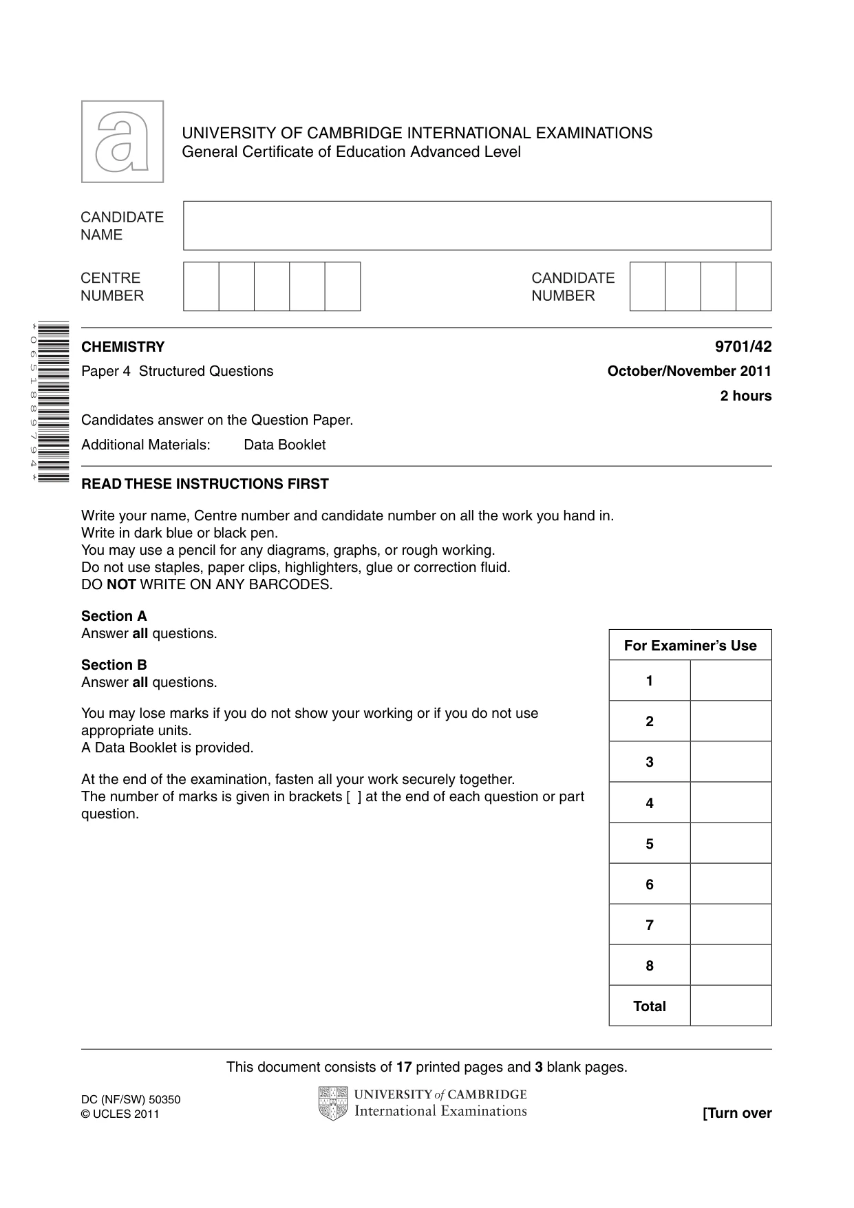 Cambridge A Level Chemistry 9701 2011 Oct/Nov Paper 4 · Variant 2 question paper, page 1 of 20