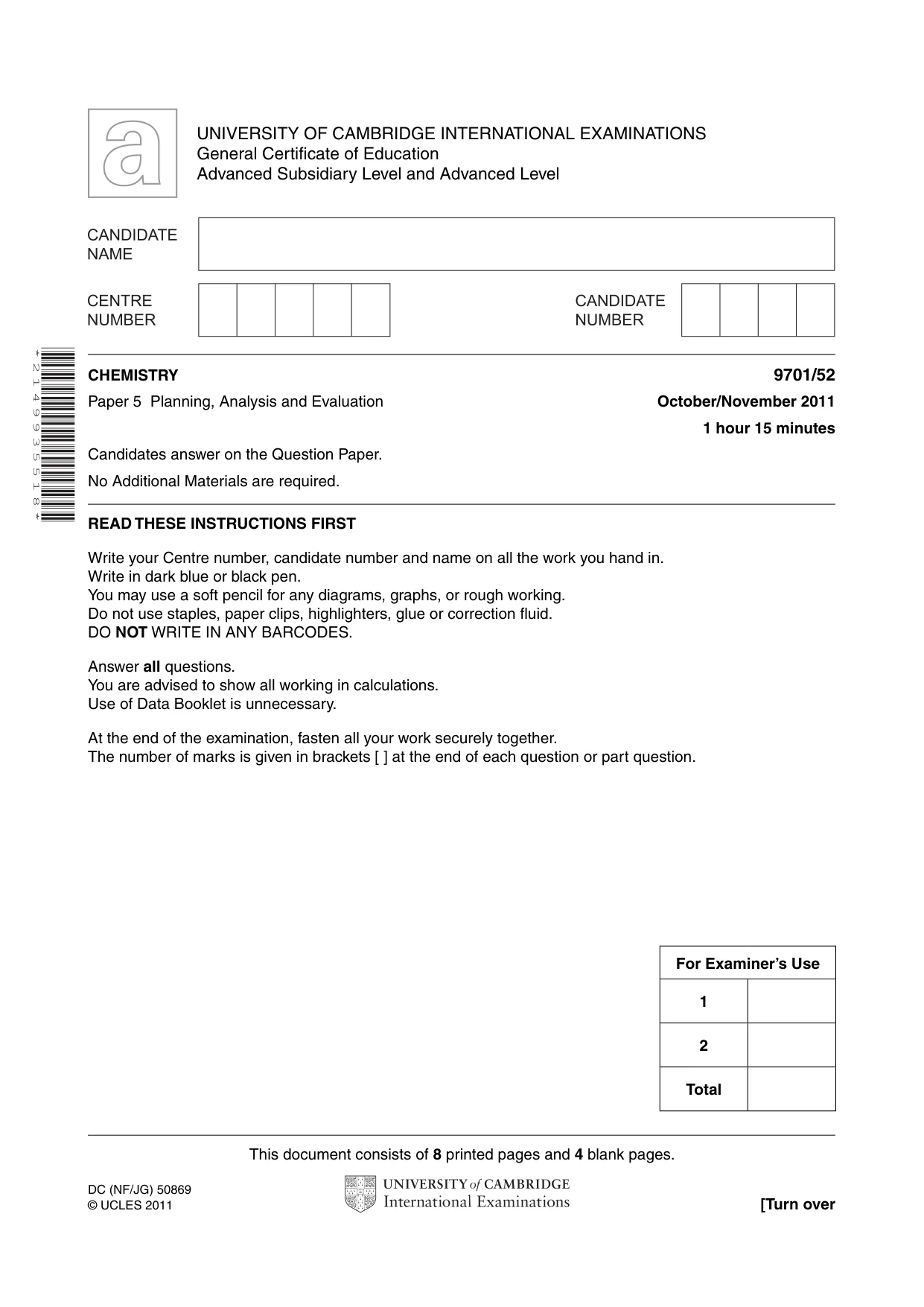 Cambridge A Level Chemistry 9701 2011 Oct/Nov Paper 5 · Variant 2 question paper, page 1 of 12