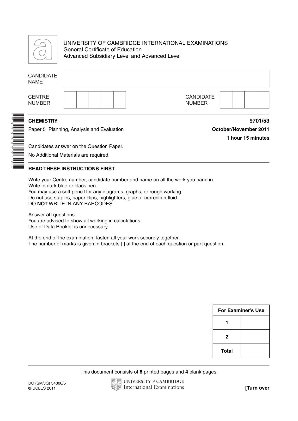 Cambridge A Level Chemistry 9701 2011 Oct/Nov Paper 5 · Variant 3 question paper, page 1 of 12