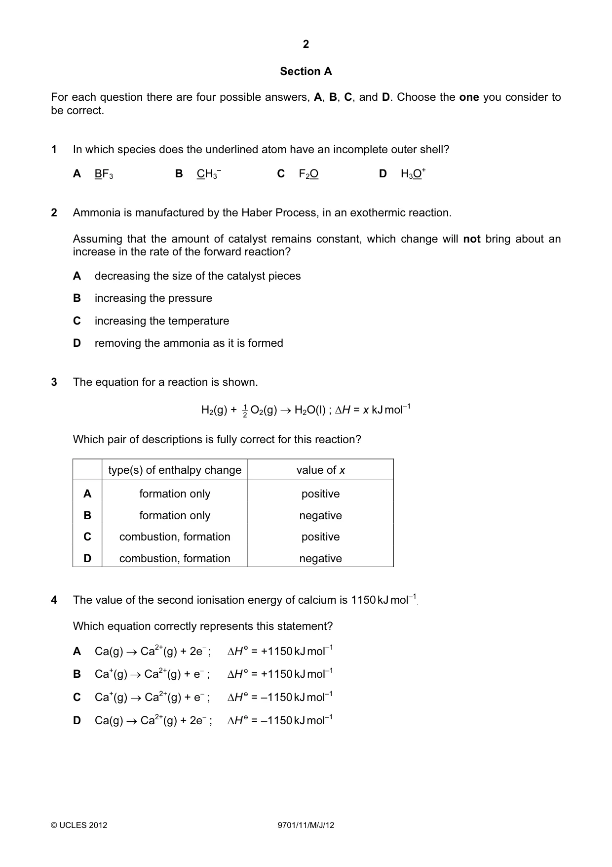 Cambridge A Level Chemistry 9701 2012 May/June Paper 1 · Variant 1 question paper, page 2 of 16