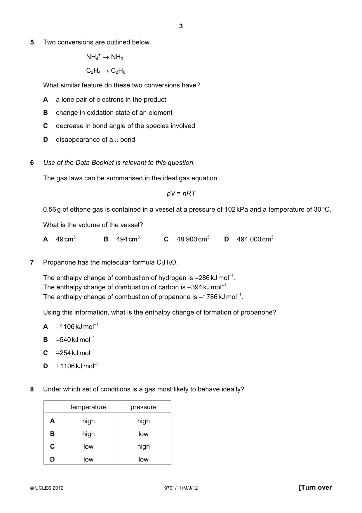 Cambridge A Level Chemistry 9701 2012 May/June Paper 1 · Variant 1 question paper, page 3 of 16