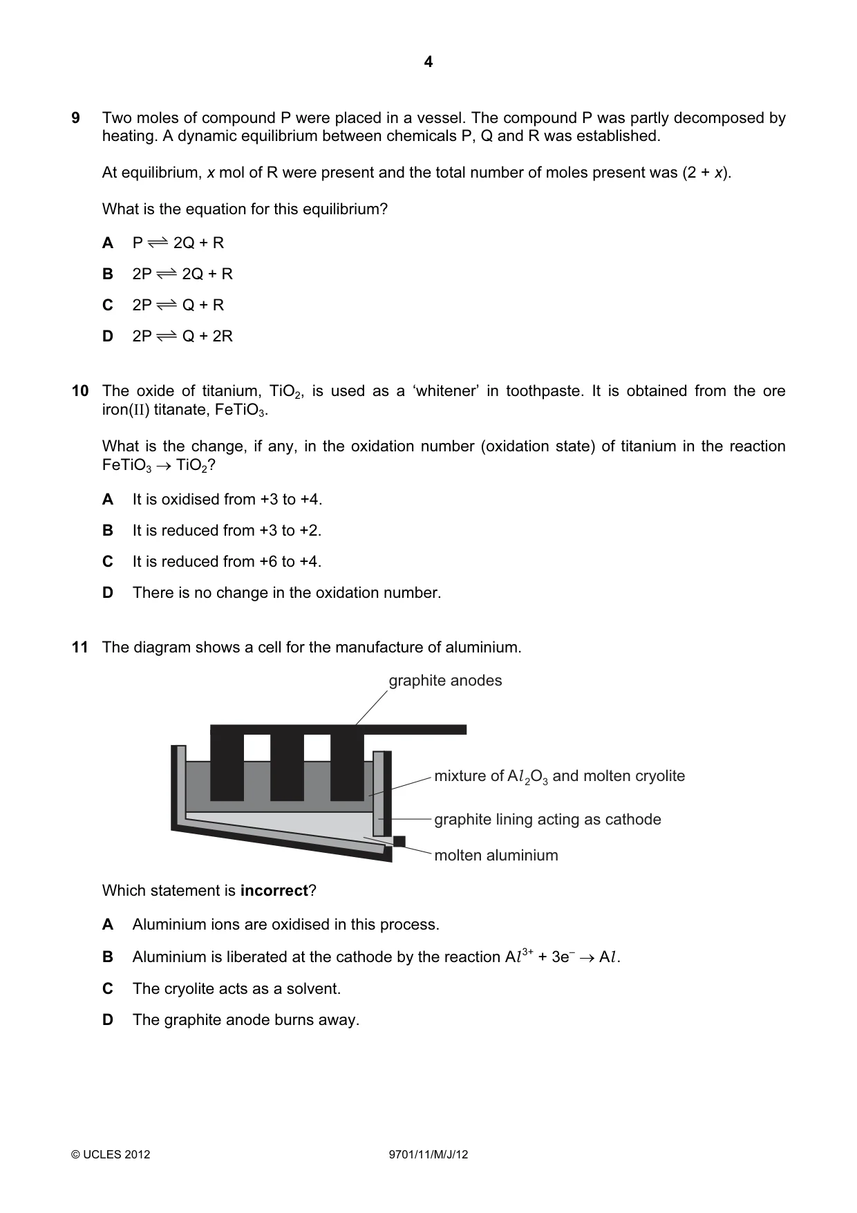Cambridge A Level Chemistry 9701 2012 May/June Paper 1 · Variant 1 question paper, page 4 of 16