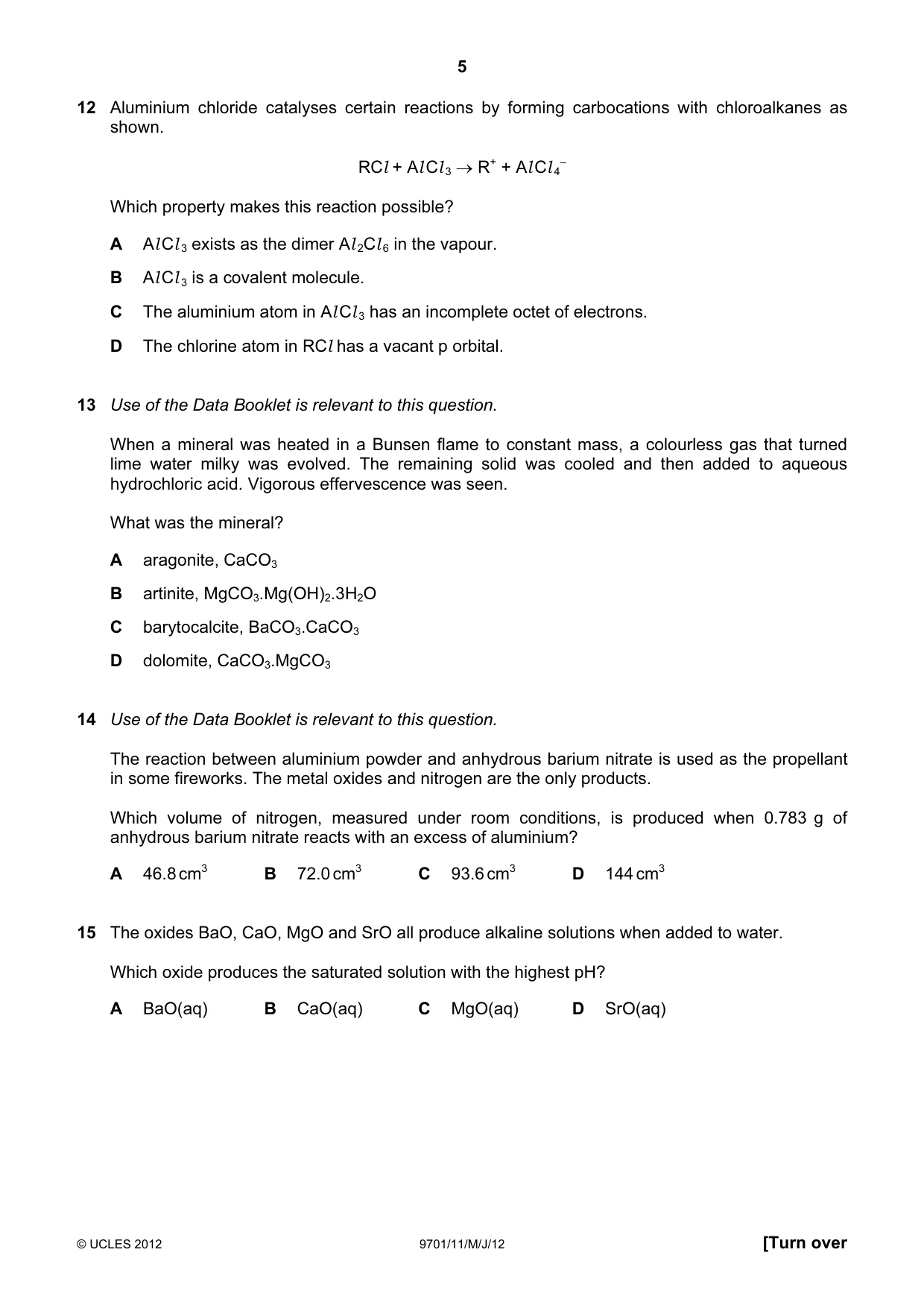 Cambridge A Level Chemistry 9701 2012 May/June Paper 1 · Variant 1 question paper, page 5 of 16