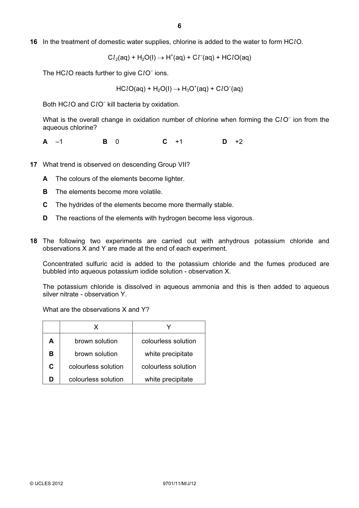 Cambridge A Level Chemistry 9701 2012 May/June Paper 1 · Variant 1 question paper, page 6 of 16