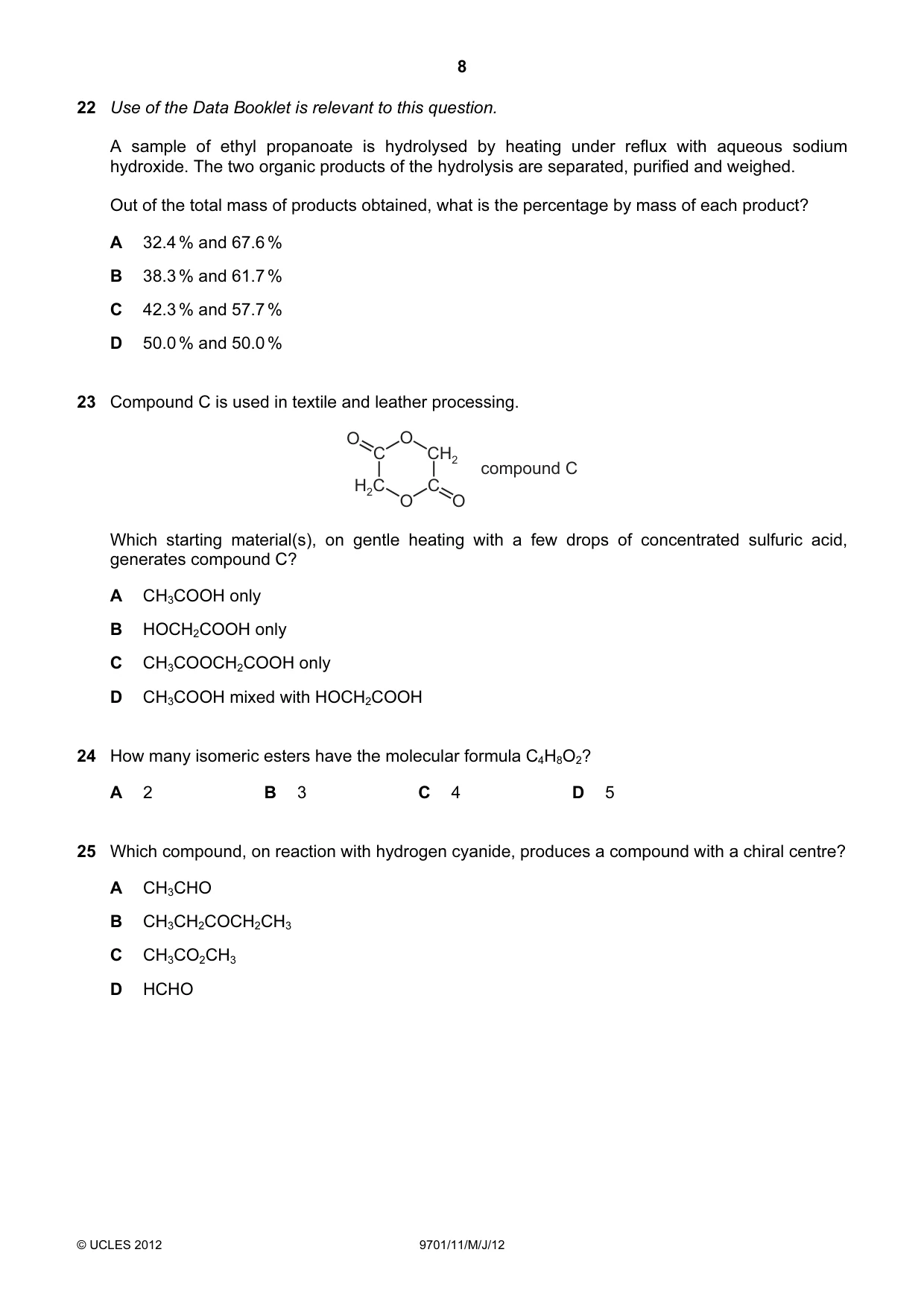 Cambridge A Level Chemistry 9701 2012 May/June Paper 1 · Variant 1 question paper, page 8 of 16