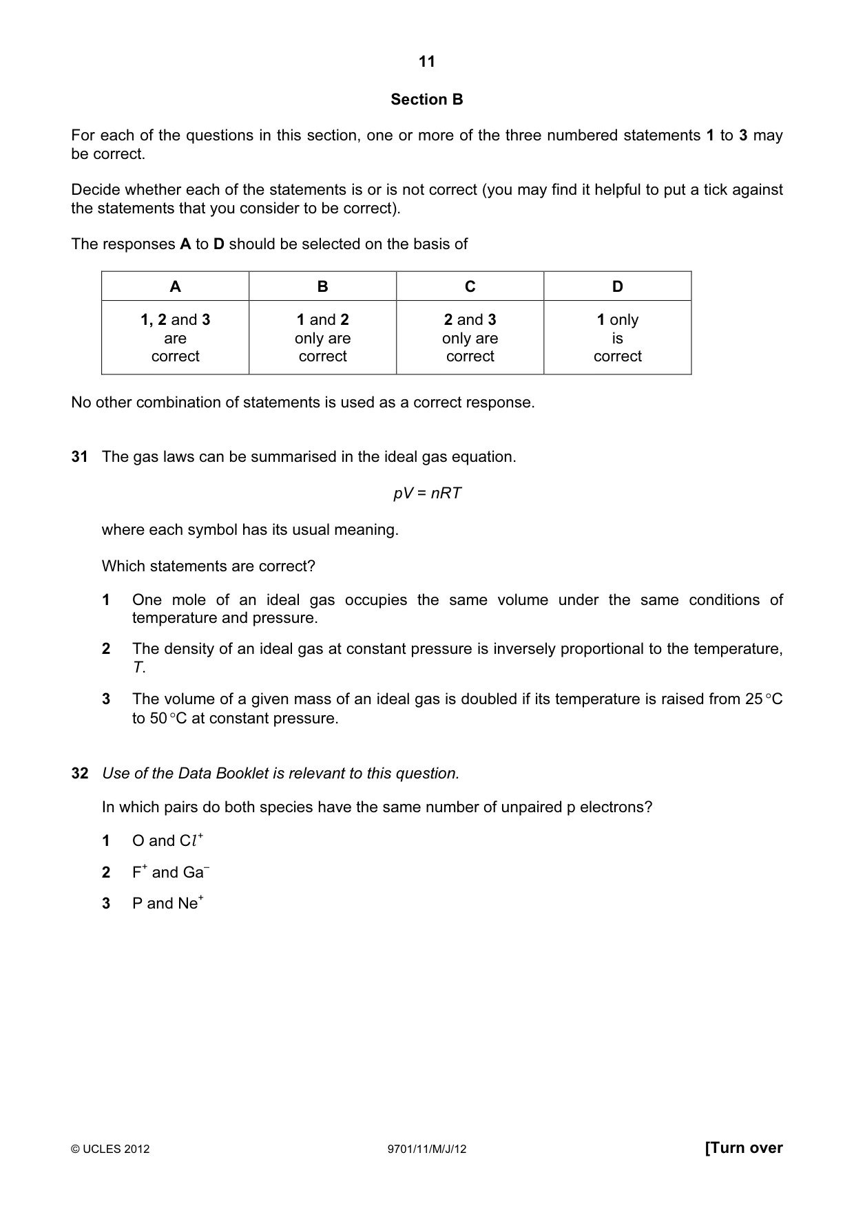 Cambridge A Level Chemistry 9701 2012 May/June Paper 1 · Variant 1 question paper, page 11 of 16