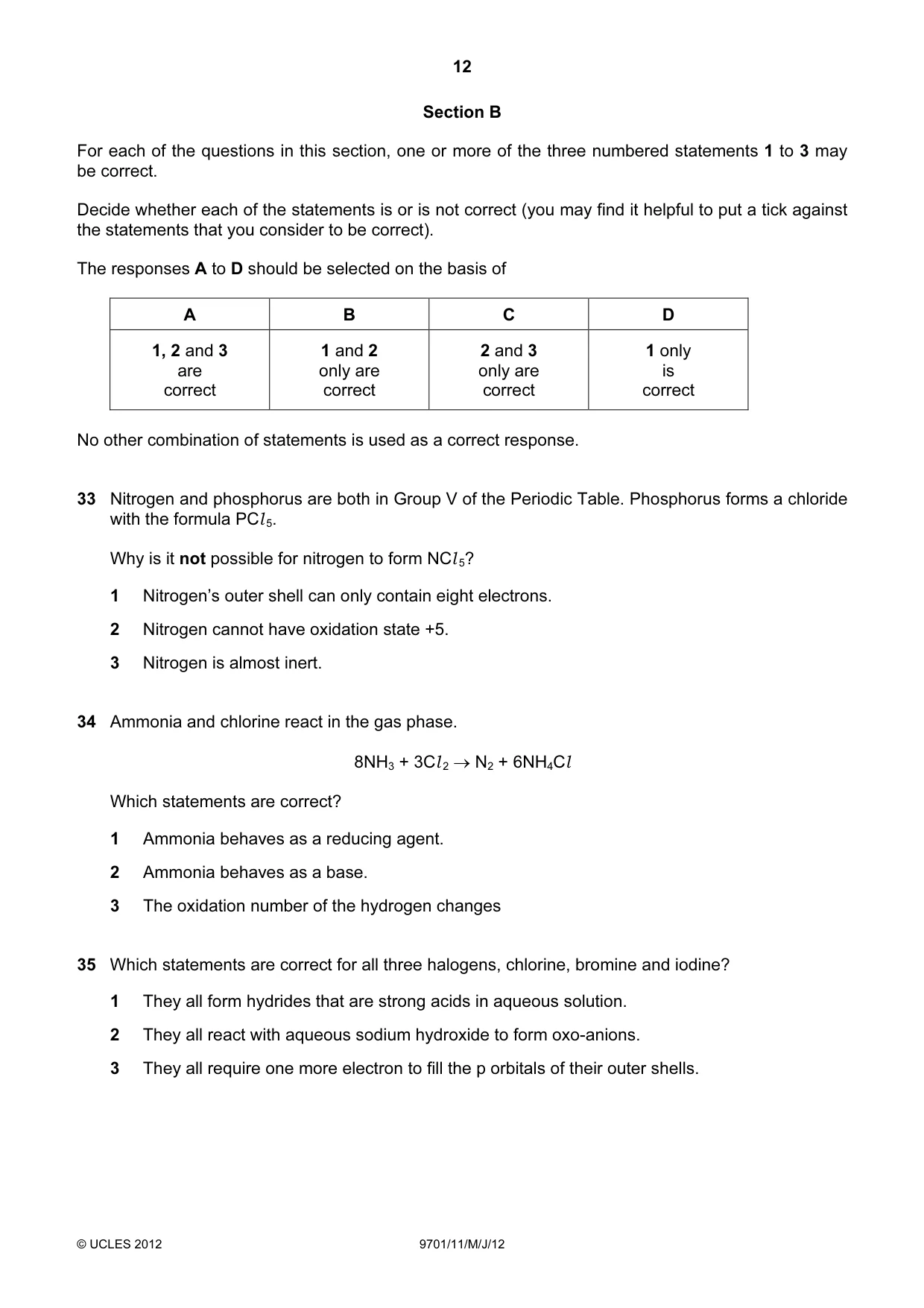 Cambridge A Level Chemistry 9701 2012 May/June Paper 1 · Variant 1 question paper, page 12 of 16