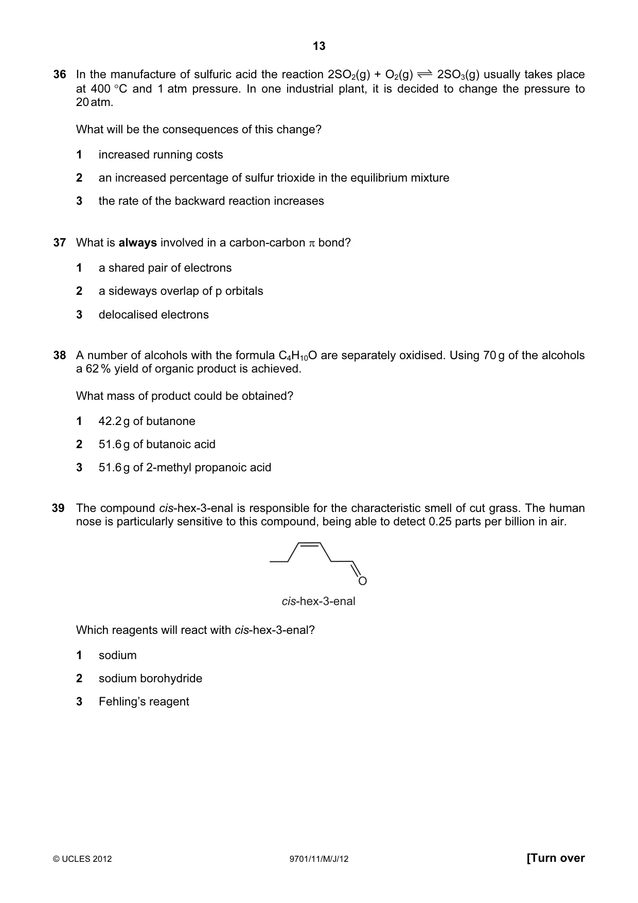 Cambridge A Level Chemistry 9701 2012 May/June Paper 1 · Variant 1 question paper, page 13 of 16