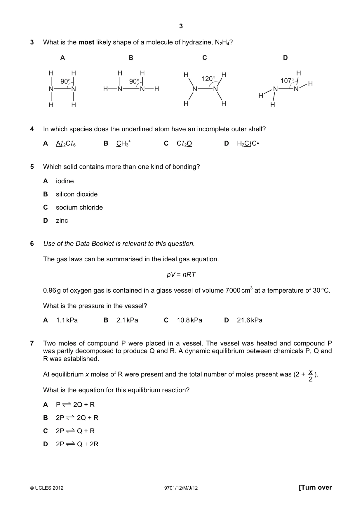 Cambridge A Level Chemistry 9701 2012 May/June Paper 1 · Variant 2 question paper, page 3 of 16