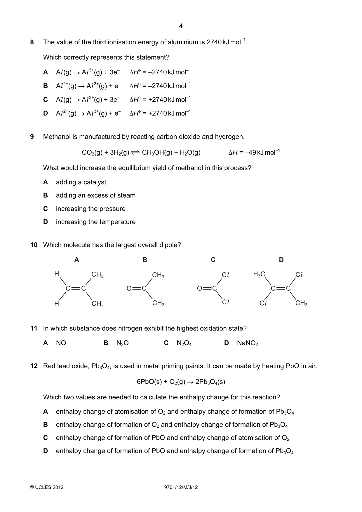 Cambridge A Level Chemistry 9701 2012 May/June Paper 1 · Variant 2 question paper, page 4 of 16