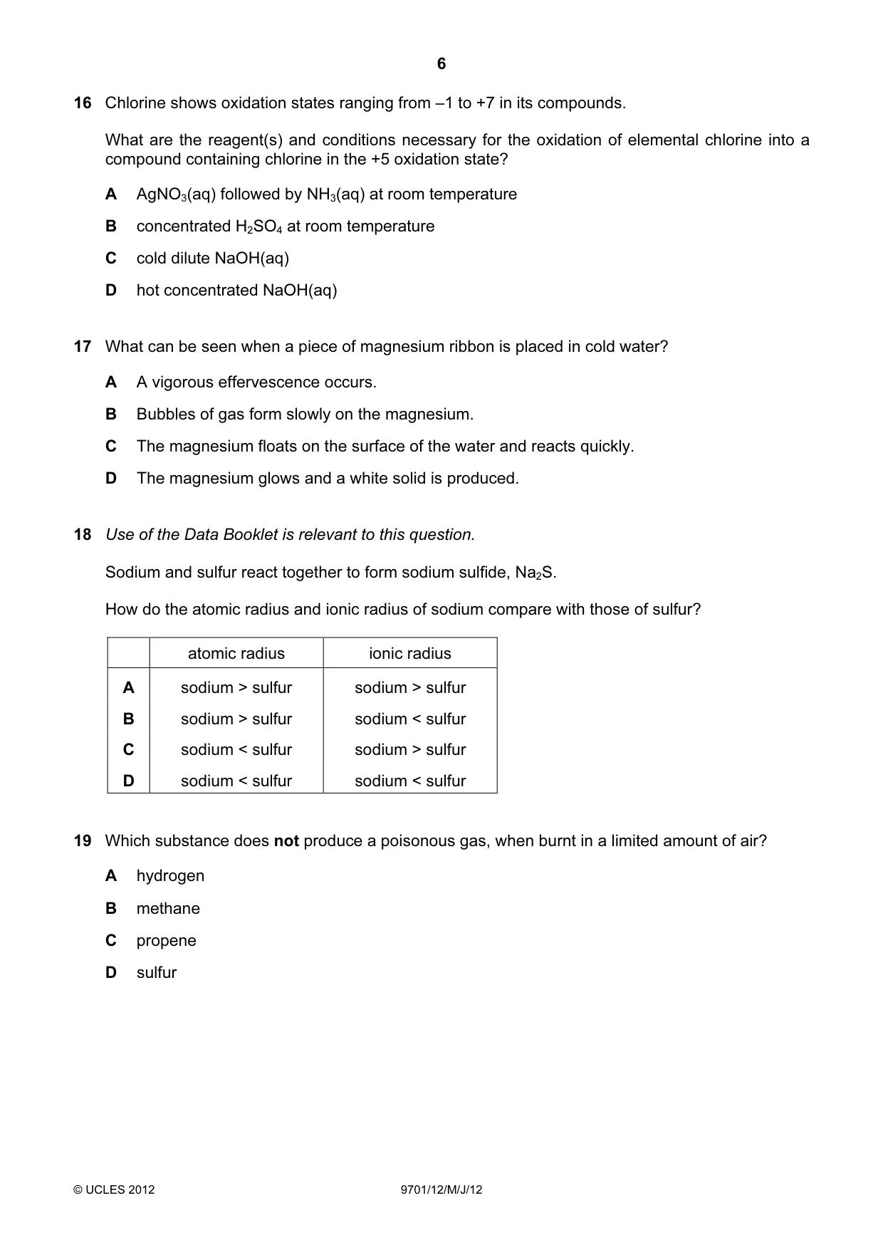 Cambridge A Level Chemistry 9701 2012 May/June Paper 1 · Variant 2 question paper, page 6 of 16